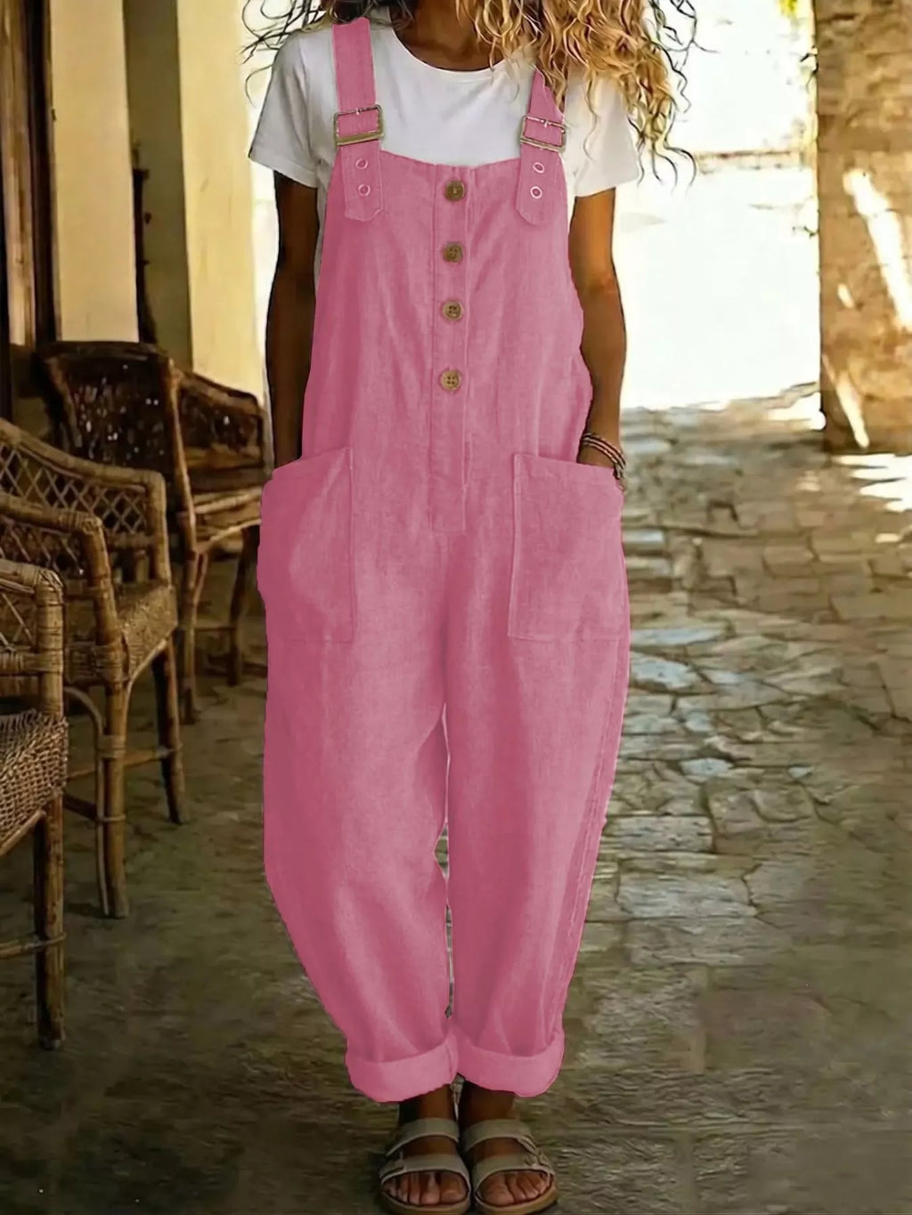 Casual Button Front Wide Leg Overalls