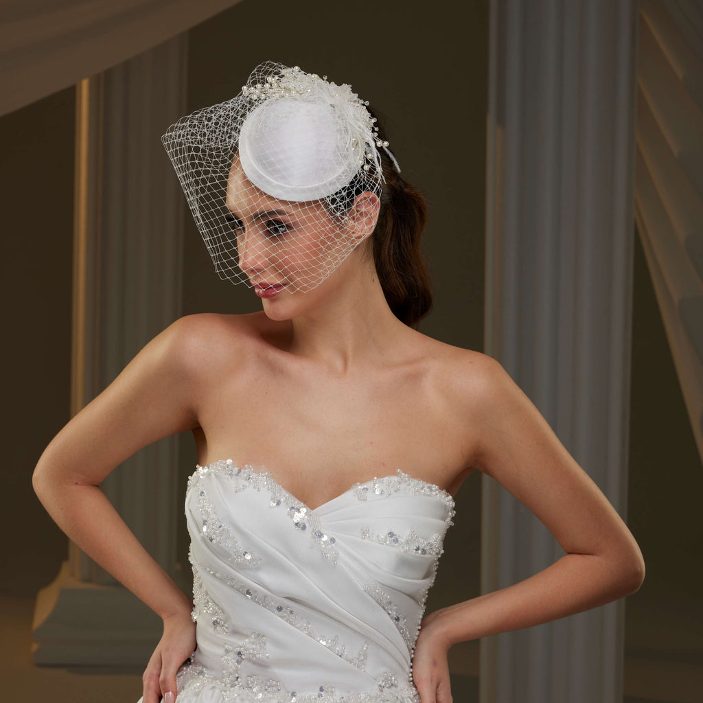 Elegant Bridal Fascinator with Birdcage Veil, Pearls & Feathers – Bridal Port, view 2