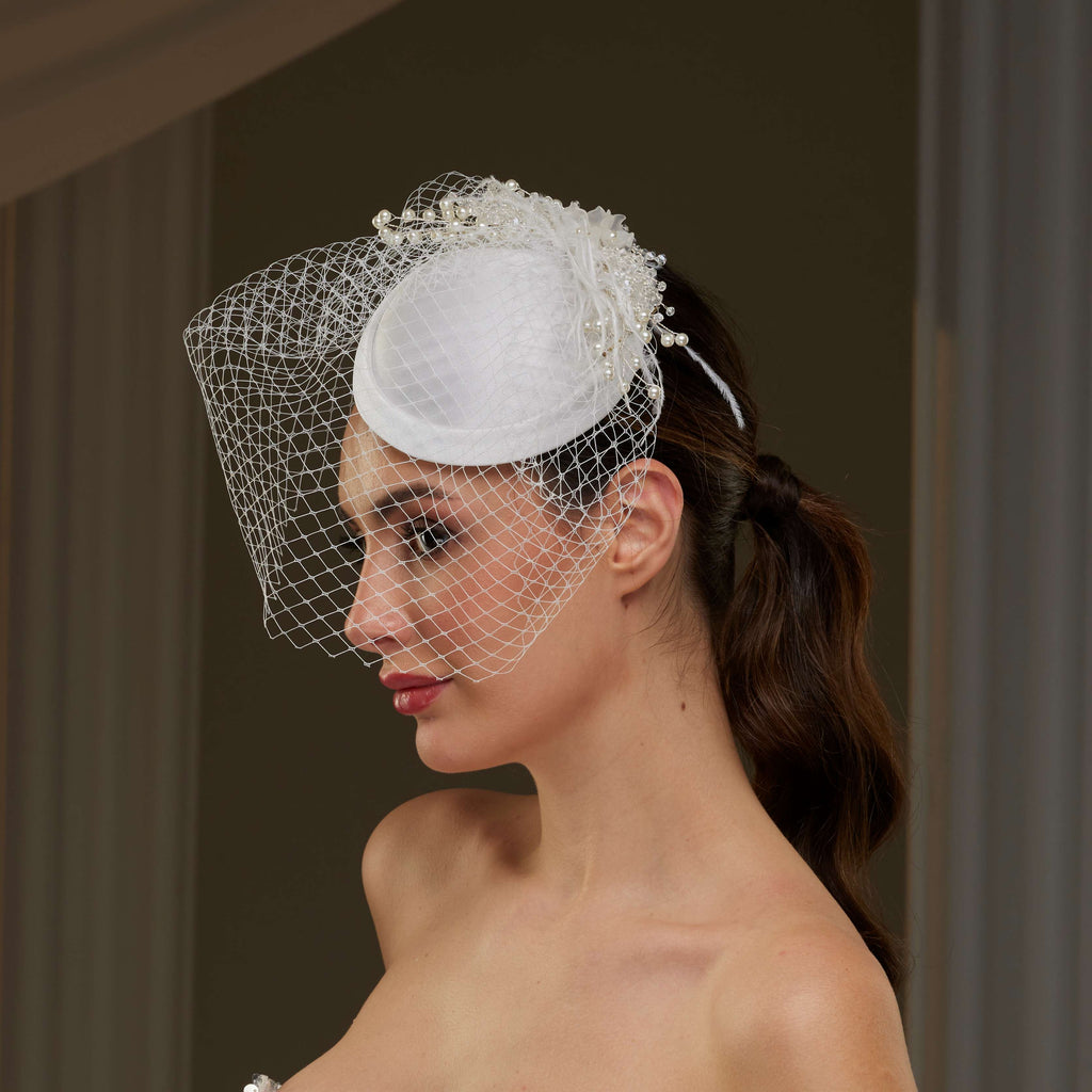 Elegant Bridal Fascinator with Birdcage Veil, Pearls & Feathers – Bridal Port, view 3