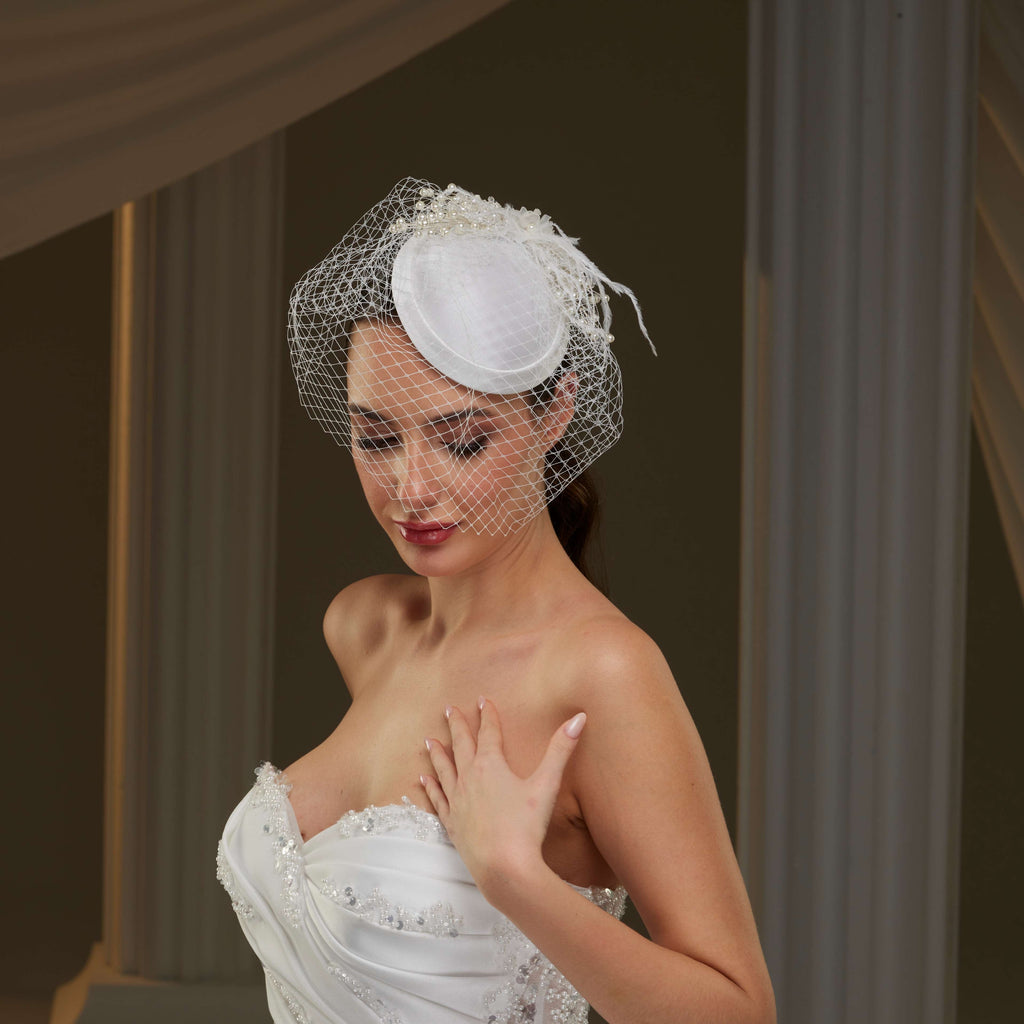 Elegant Bridal Fascinator with Birdcage Veil, Pearls & Feathers – Bridal Port, view 5