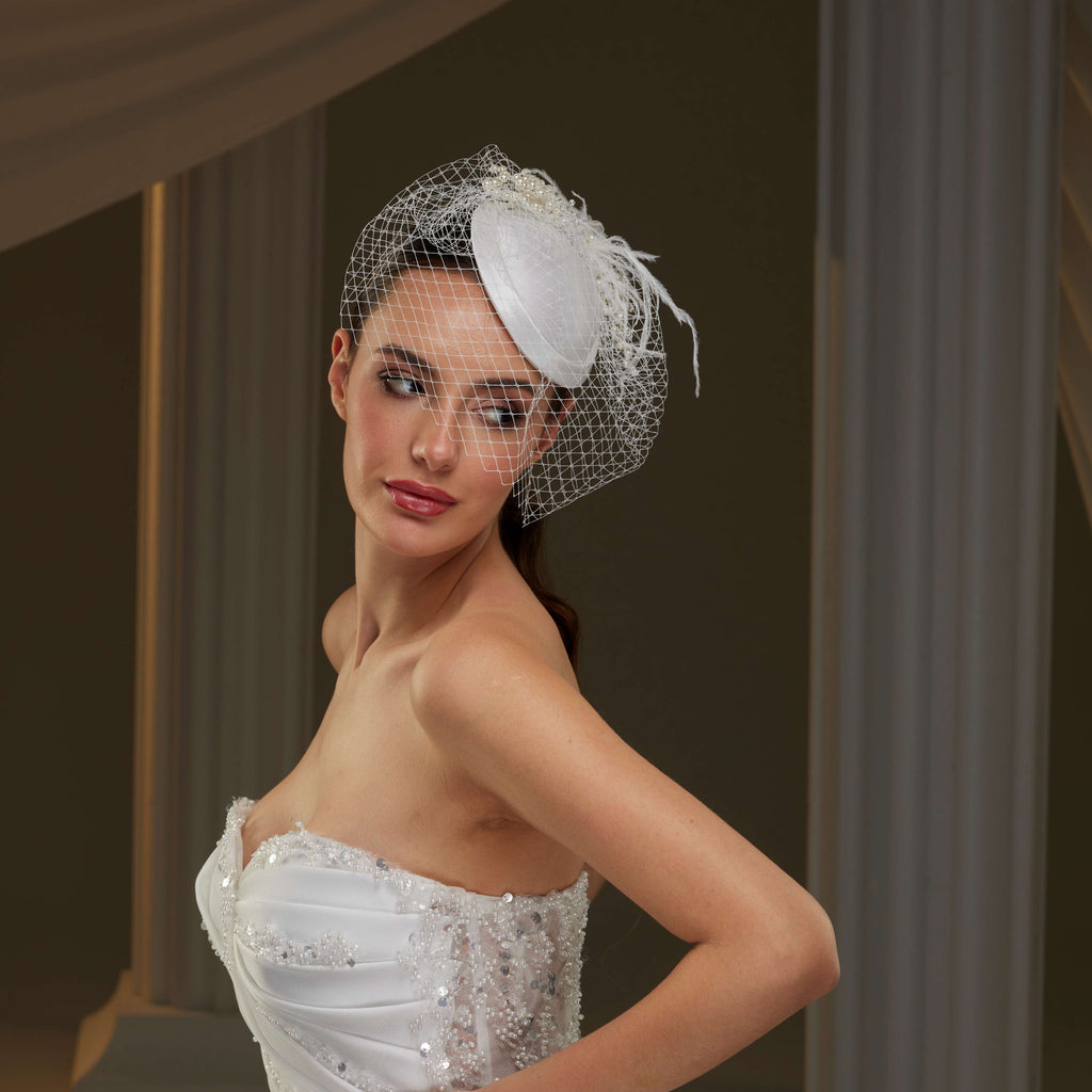 Elegant Bridal Fascinator with Birdcage Veil, Pearls & Feathers – Bridal Port, view 6