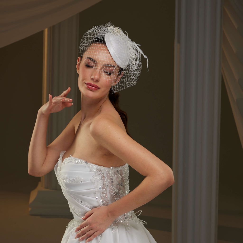 Elegant Bridal Fascinator with Birdcage Veil, Pearls & Feathers – Bridal Port, view 7