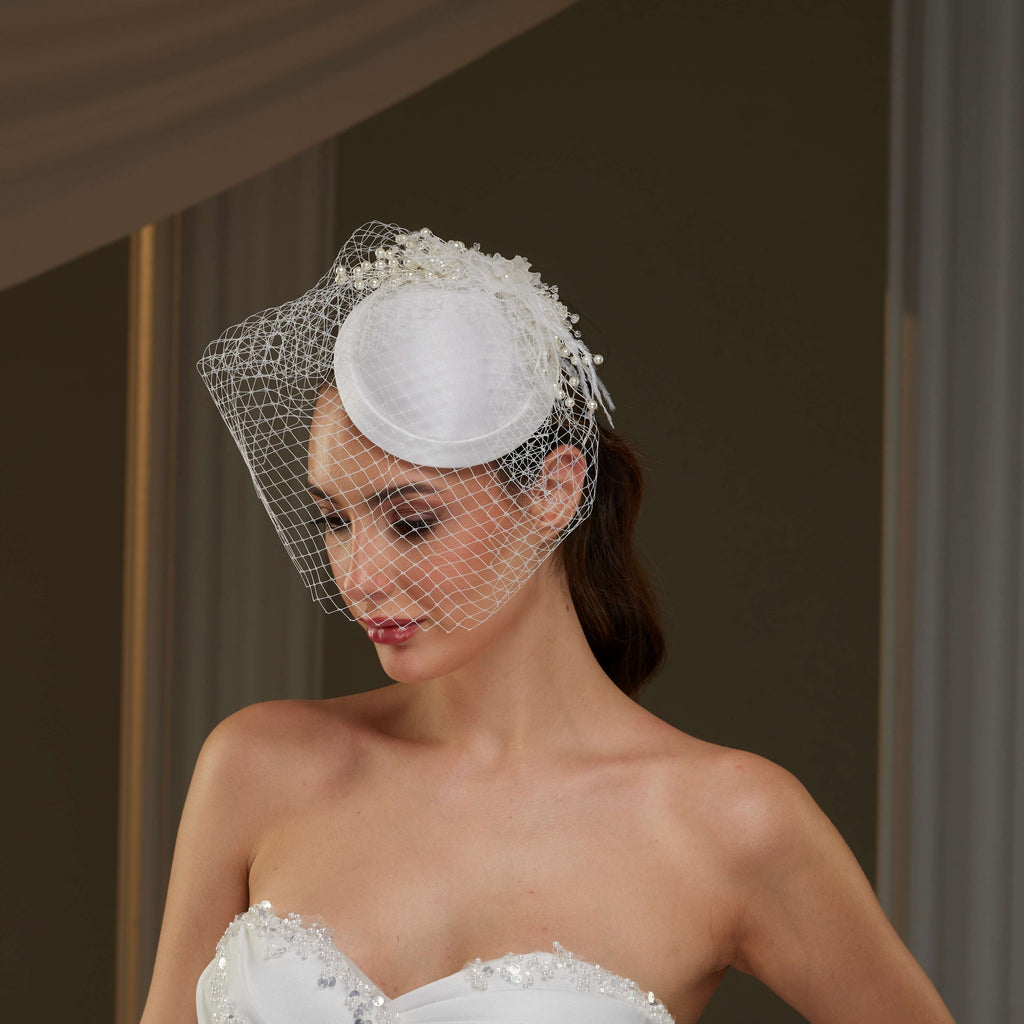 Elegant Bridal Fascinator with Birdcage Veil, Pearls & Feathers – Bridal Port, view 8