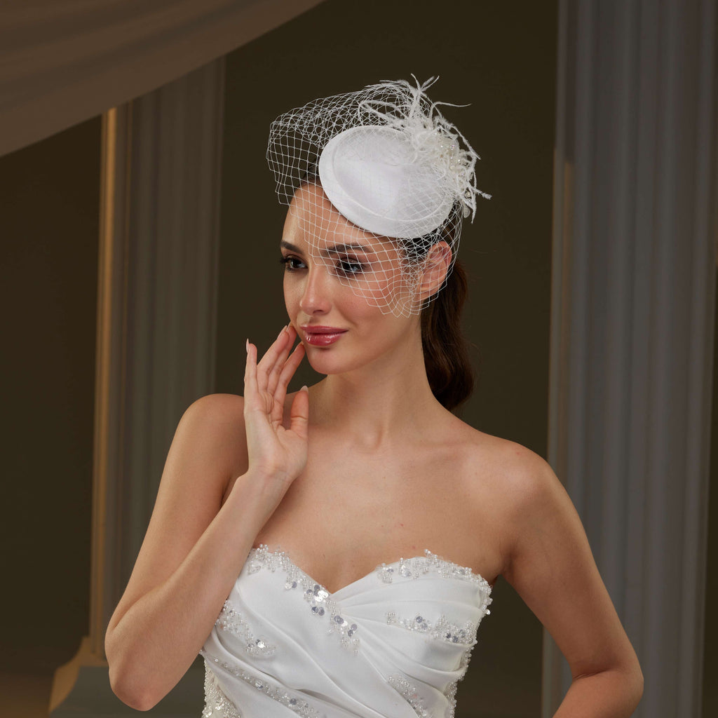Bridal Fascinator with Blusher Veil and Feathers – Bridal Port, view 2