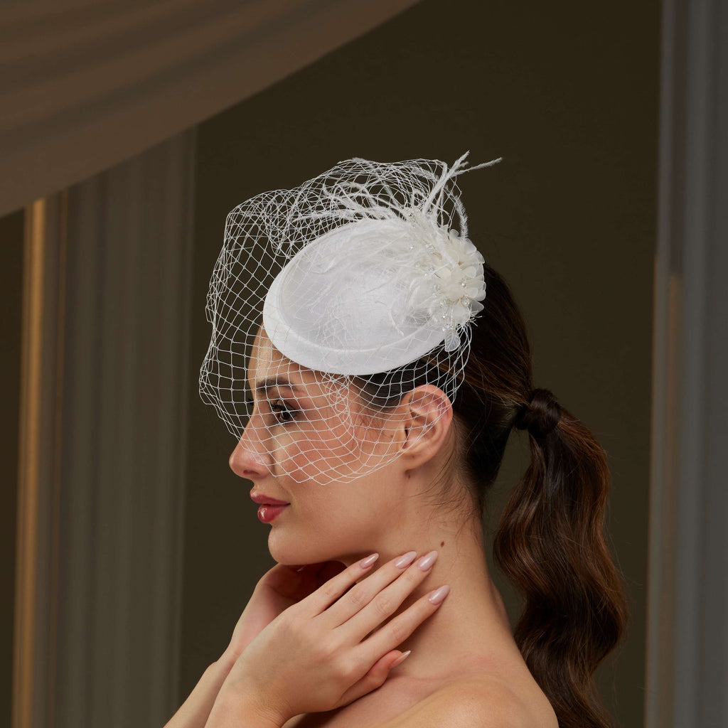 Bridal Fascinator with Blusher Veil and Feathers – Bridal Port, view 4