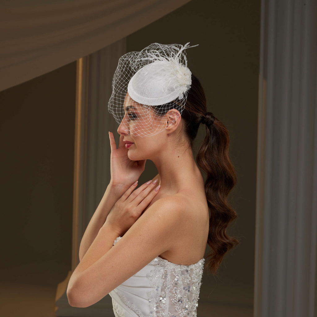 Bridal Fascinator with Blusher Veil and Feathers – Bridal Port, view 6