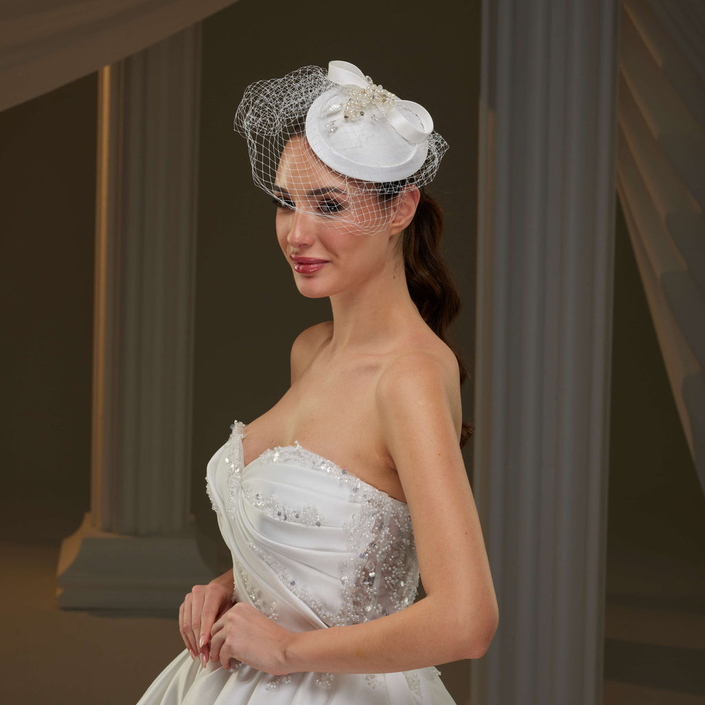 Handmade Bridal Fascinator with Pearls, Leaves – Bridal Port, view 2