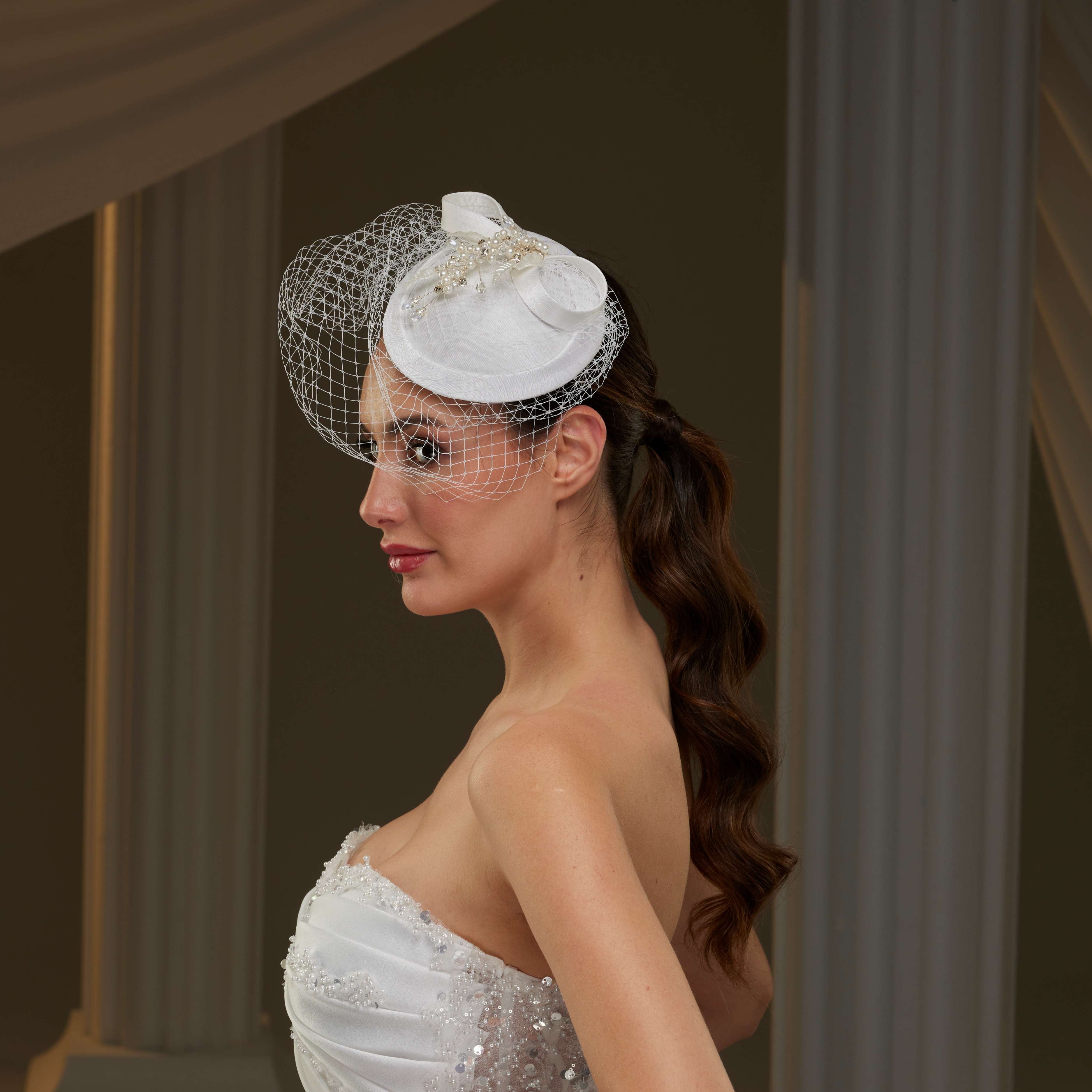 Handmade Bridal Fascinator with Pearls, Leaves – Bridal Port, view 4