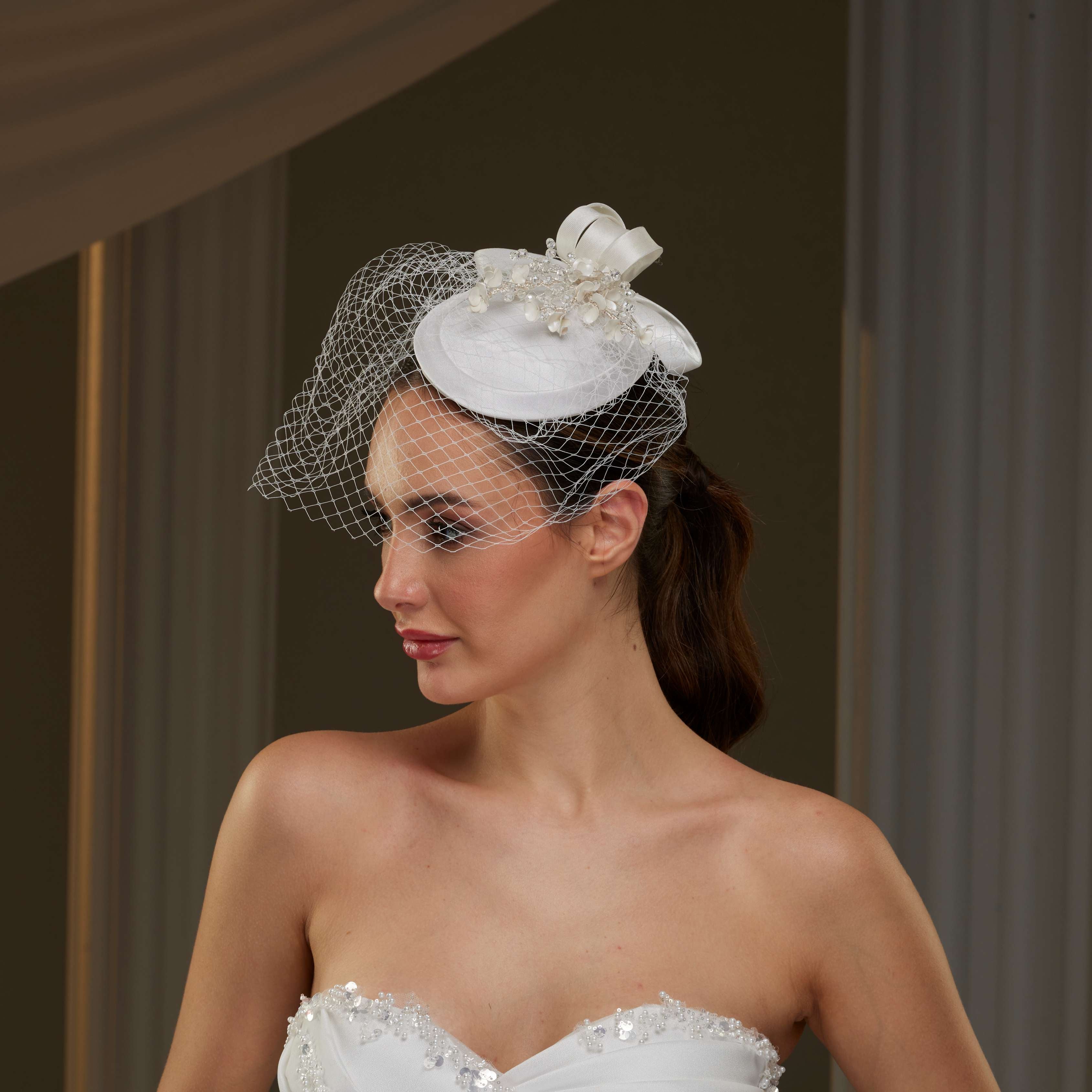Handcrafted Bridal Fascinator with Ribbon Accents, Pearls & Birdcage Veil – Bridal Port, view 2