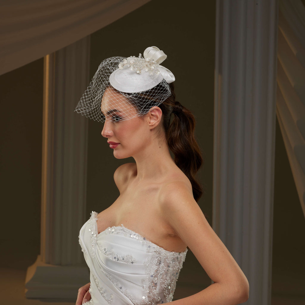 Handcrafted Bridal Fascinator with Ribbon Accents, Pearls & Birdcage Veil – Bridal Port, view 3