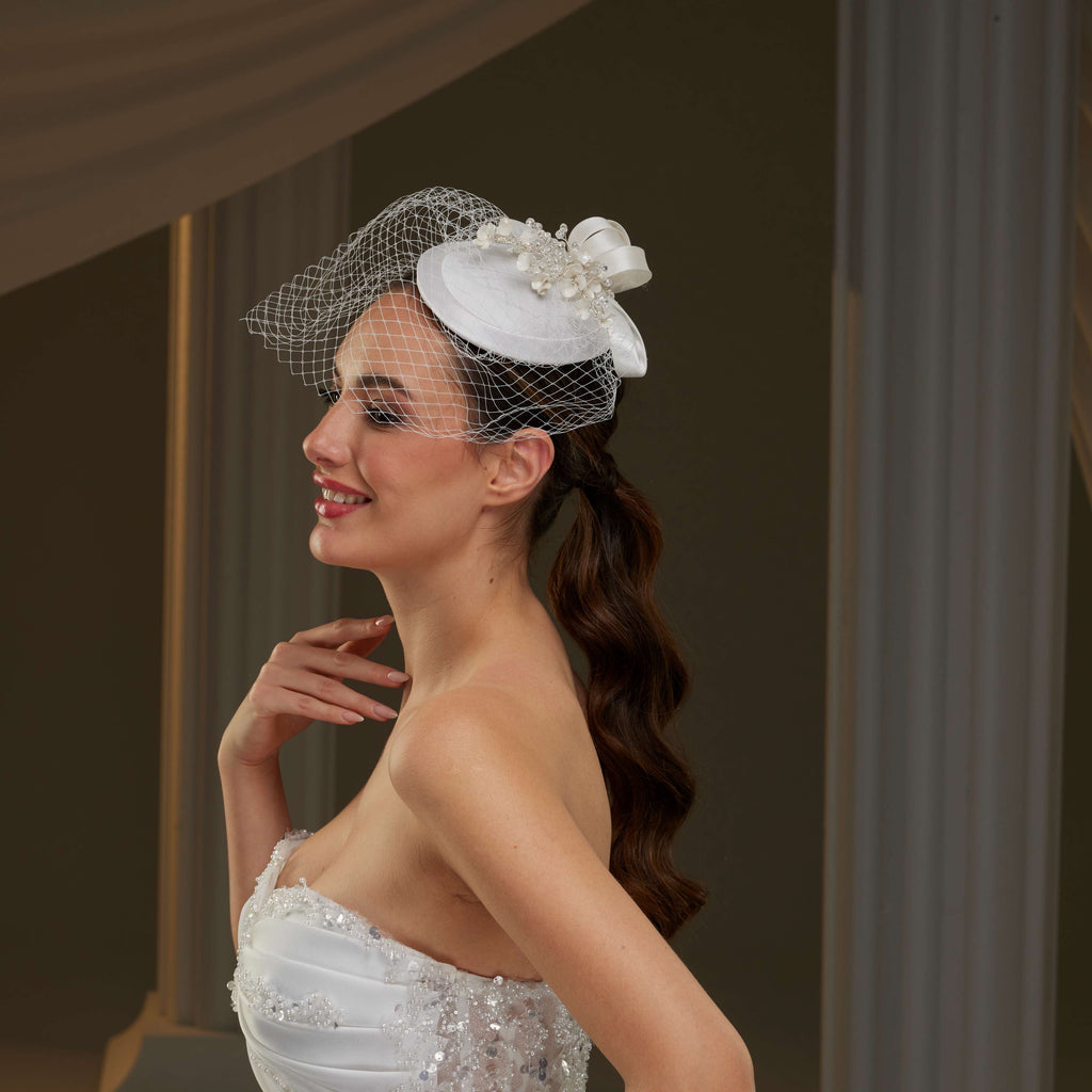Handcrafted Bridal Fascinator with Ribbon Accents, Pearls & Birdcage Veil – Bridal Port, view 5