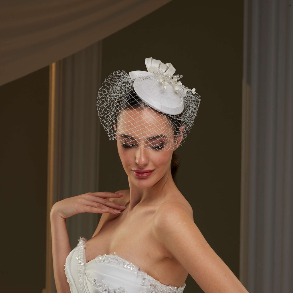 Handcrafted Bridal Fascinator with Ribbon Accents, Pearls & Birdcage Veil – Bridal Port, view 6