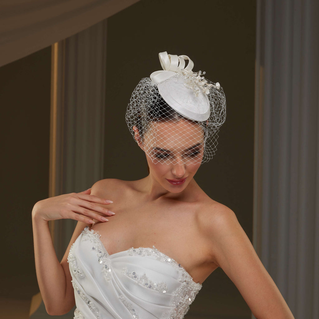 Handcrafted Bridal Fascinator with Ribbon Accents, Pearls & Birdcage Veil – Bridal Port