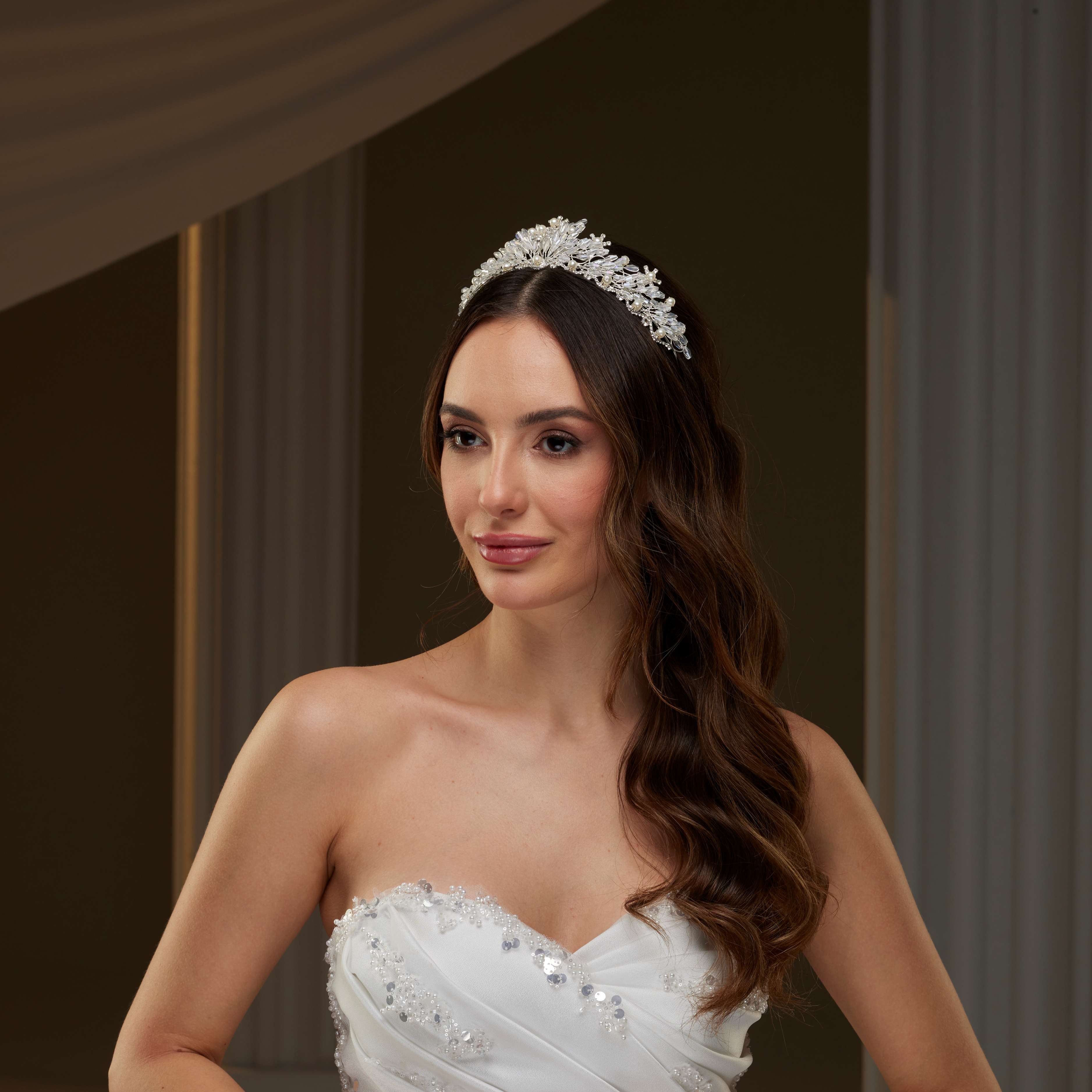 Elegant Crystal & Pearl Tiara – Bridal Port, view 2