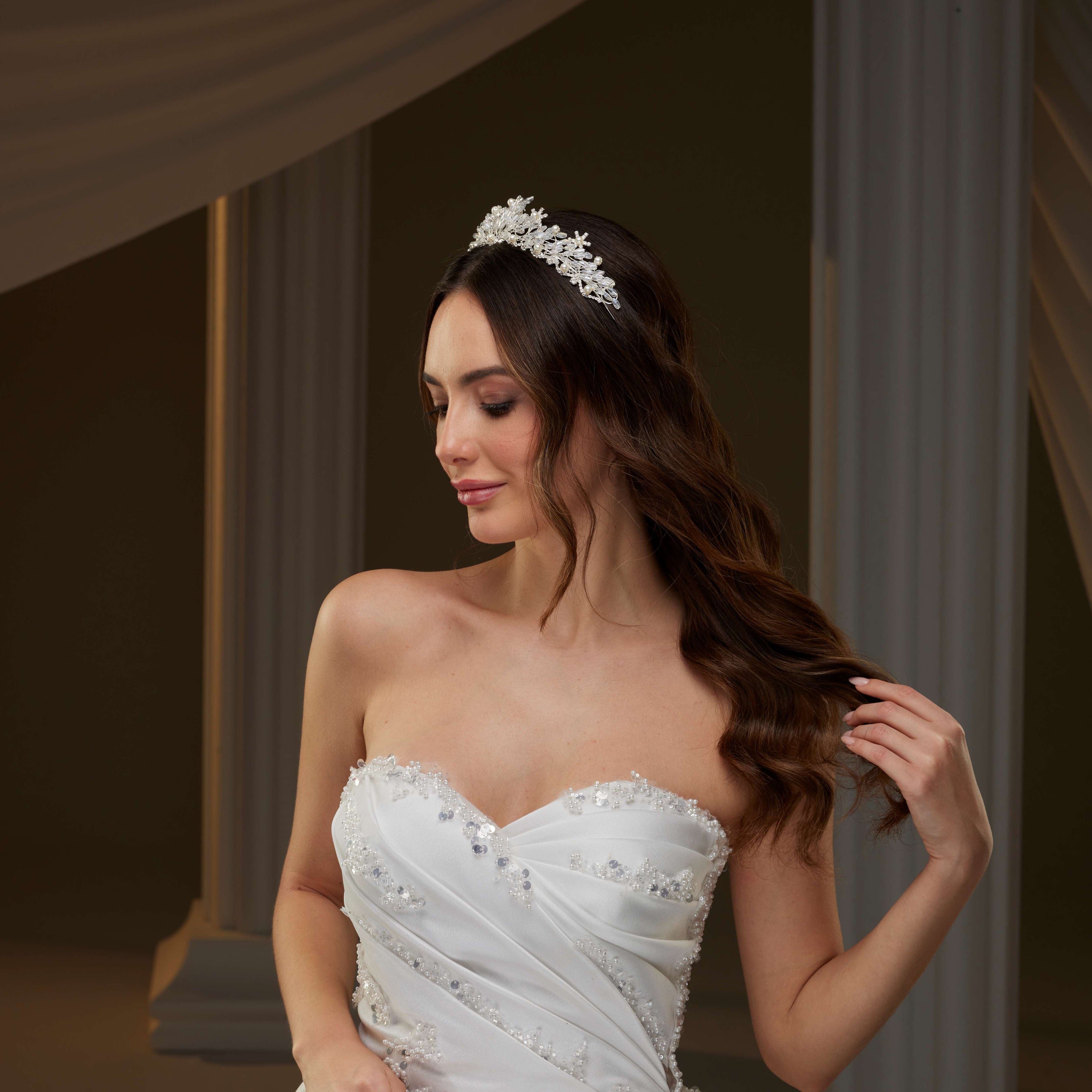 Elegant Crystal & Pearl Tiara – Bridal Port, view 4