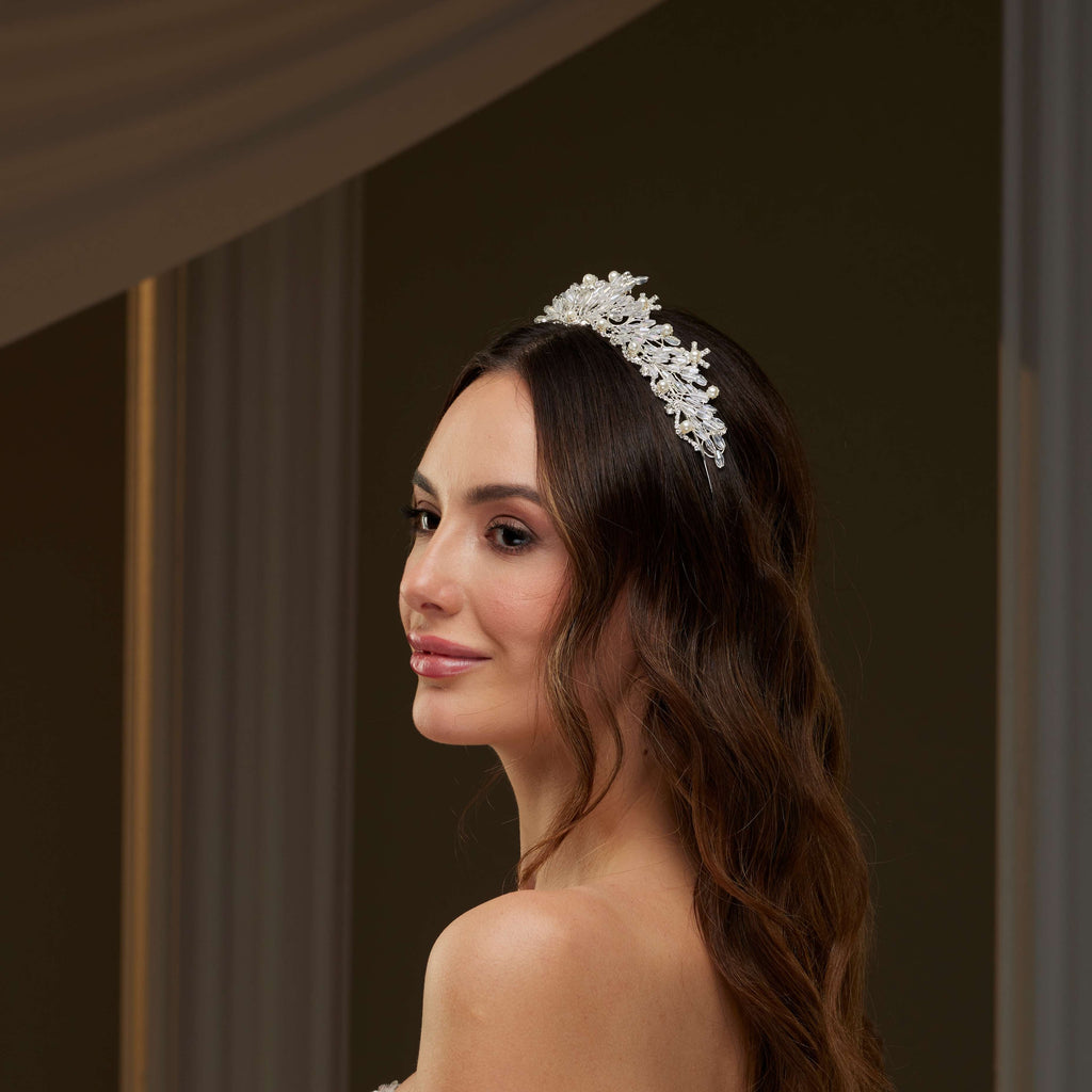 Elegant Crystal & Pearl Tiara – Bridal Port, view 5