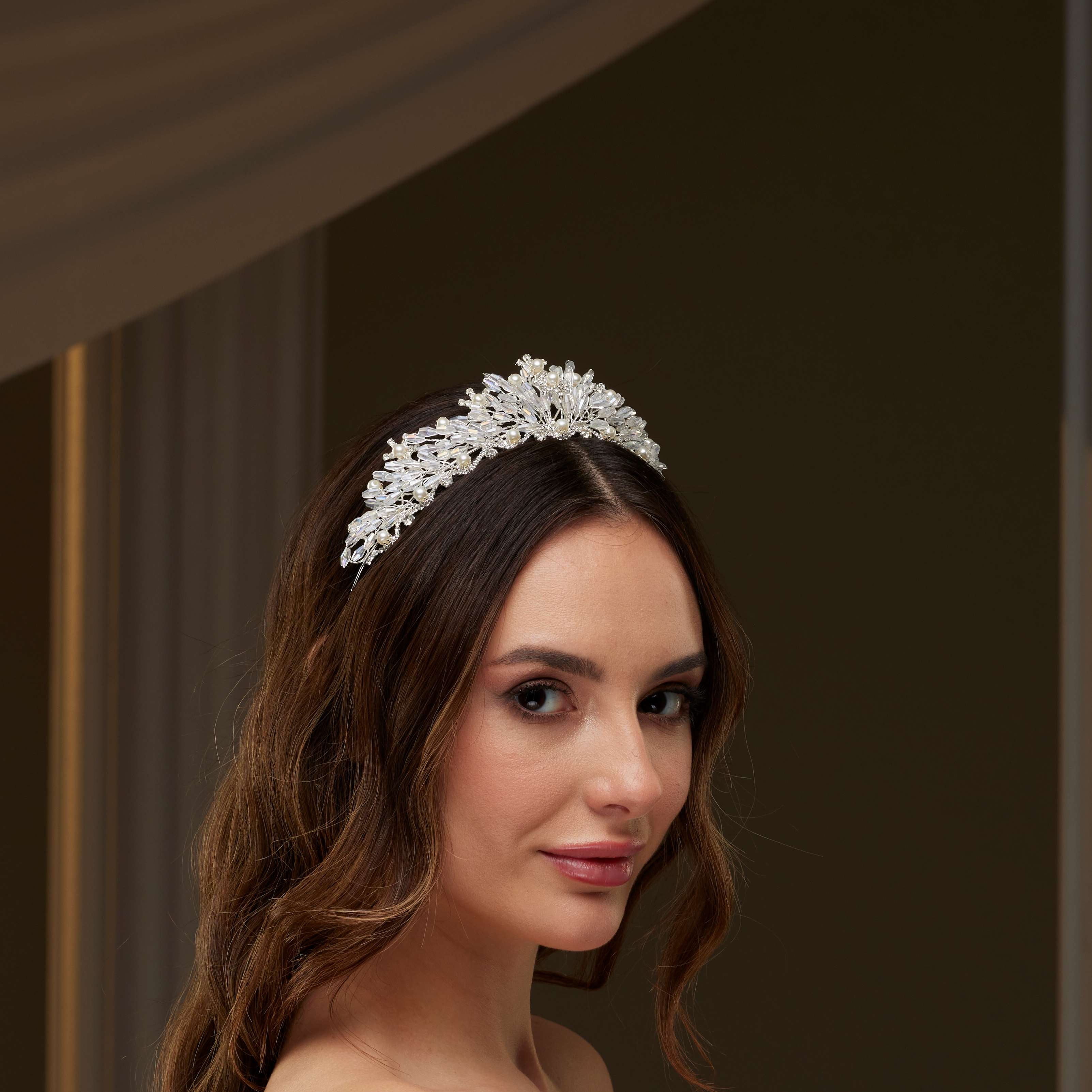 Elegant Crystal & Pearl Tiara – Bridal Port, view 6