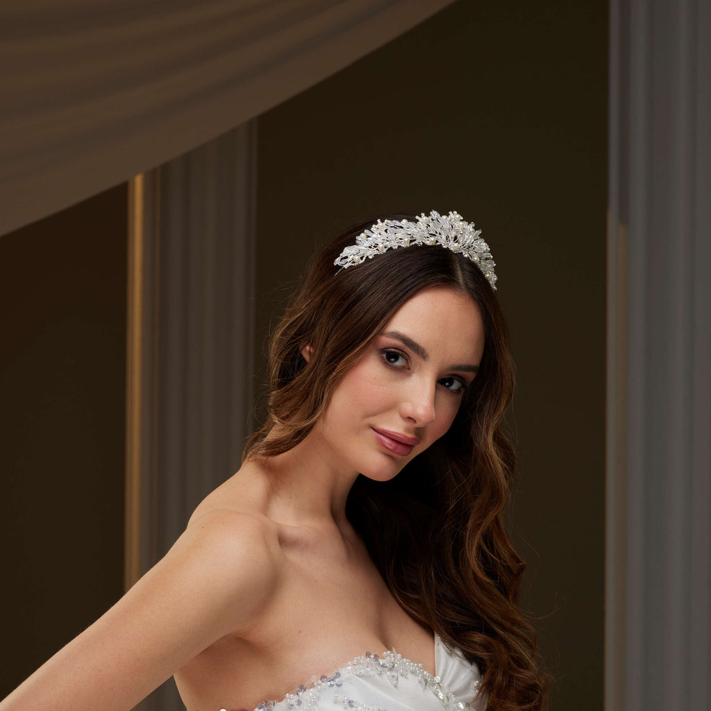 Elegant Crystal & Pearl Tiara – Bridal Port, view 7