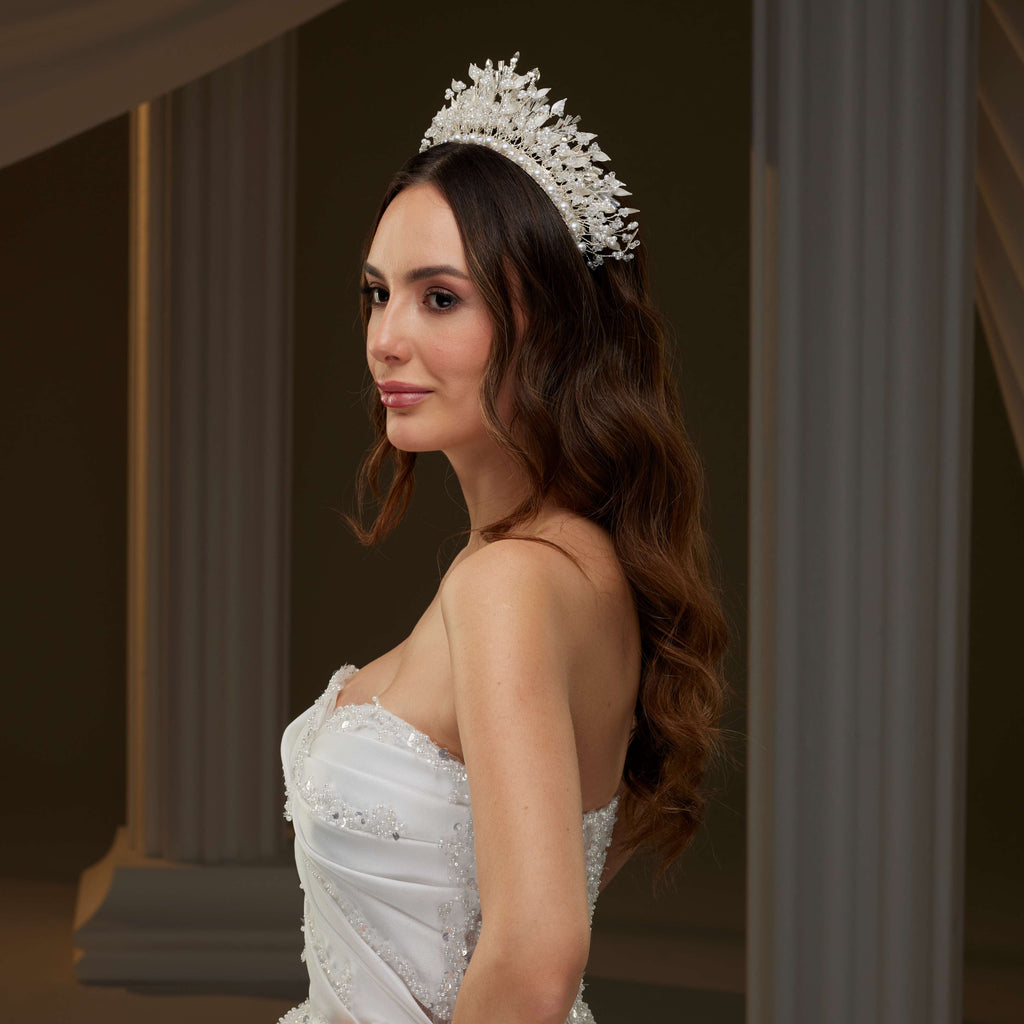 Luxury Bridal Tiara with Crystals & Pearls – Bridal Port, view 3