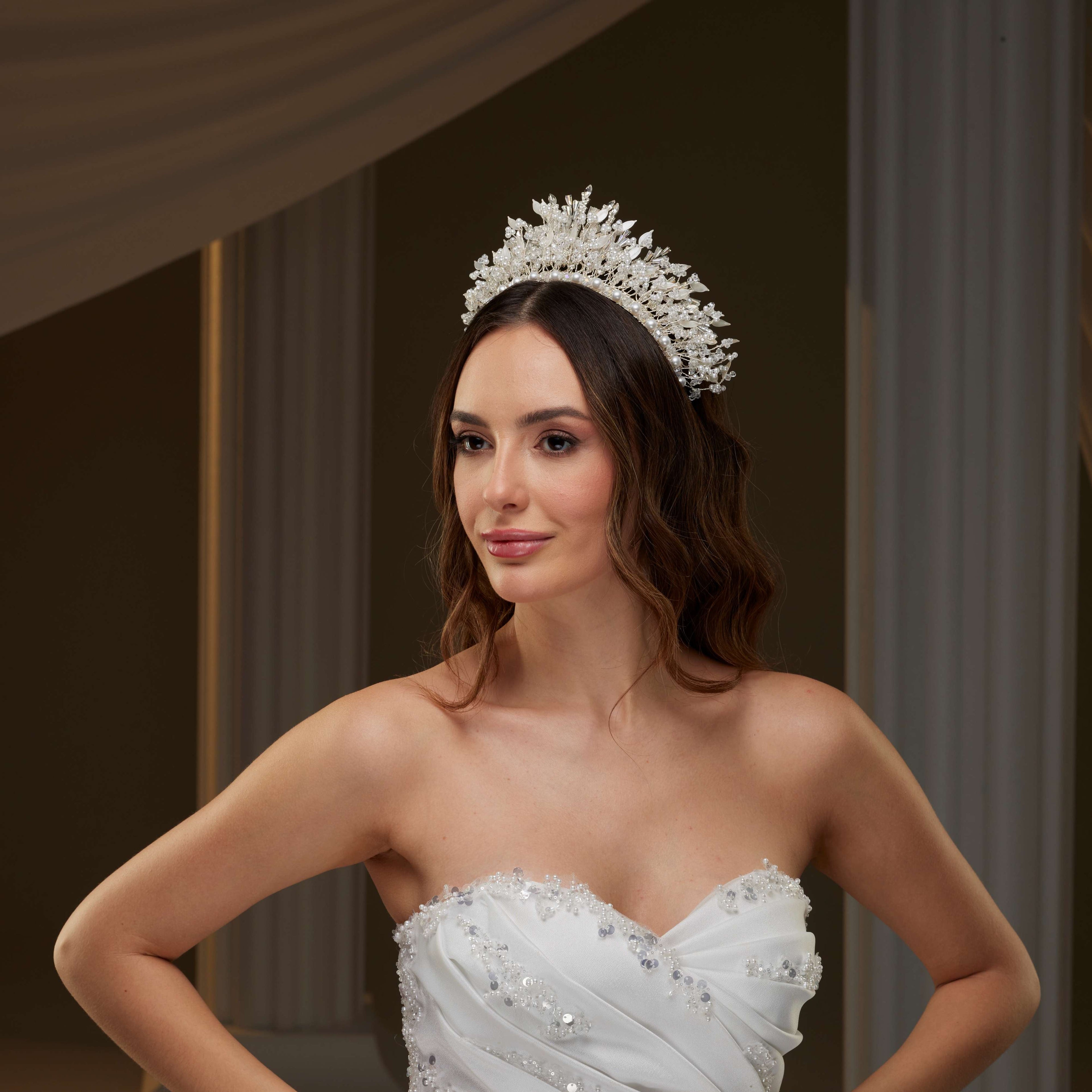Luxury Bridal Tiara with Crystals & Pearls – Bridal Port, view 5