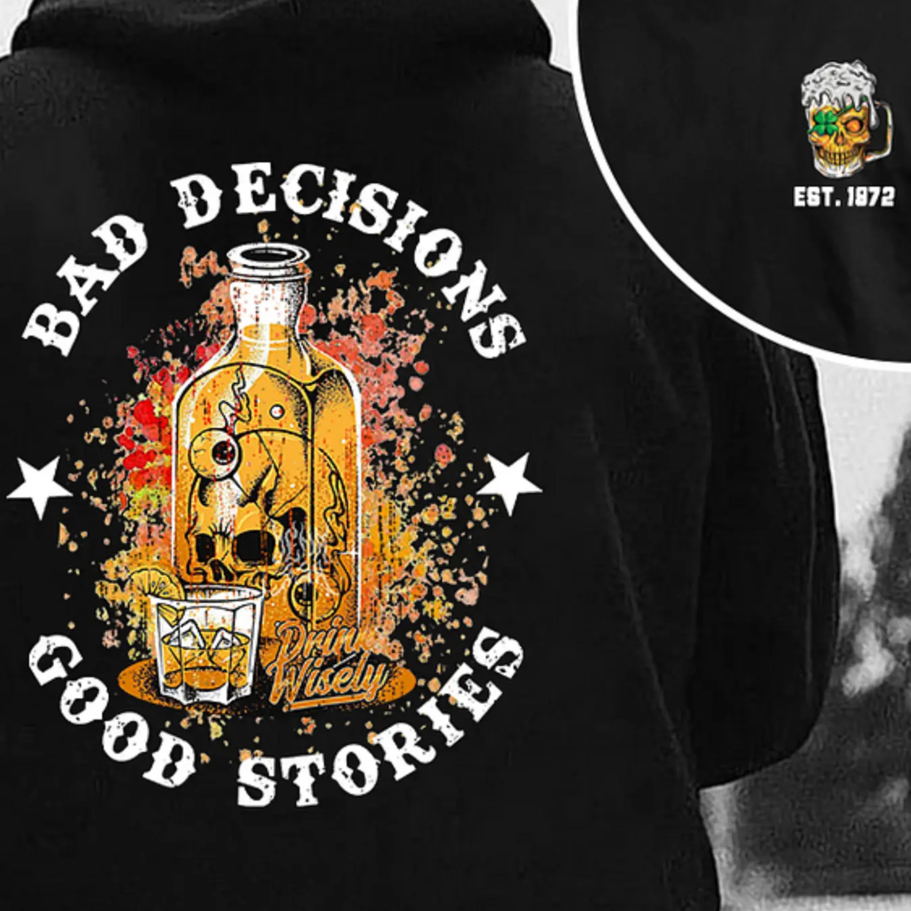 Pasimax "Bad Decisions Good Stories" Halloween Hoodie — side view