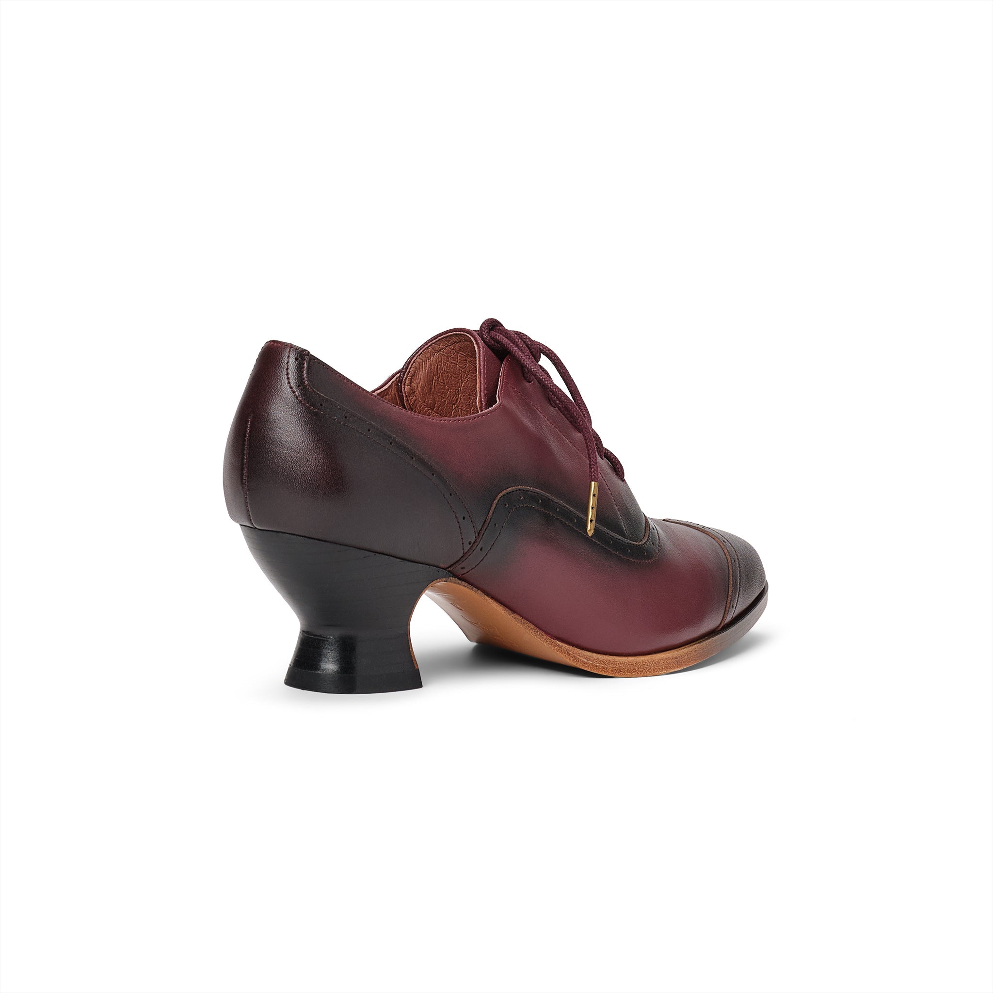 American Duchess Londoner Edwardian Oxfords (Cherry) — branding close-up