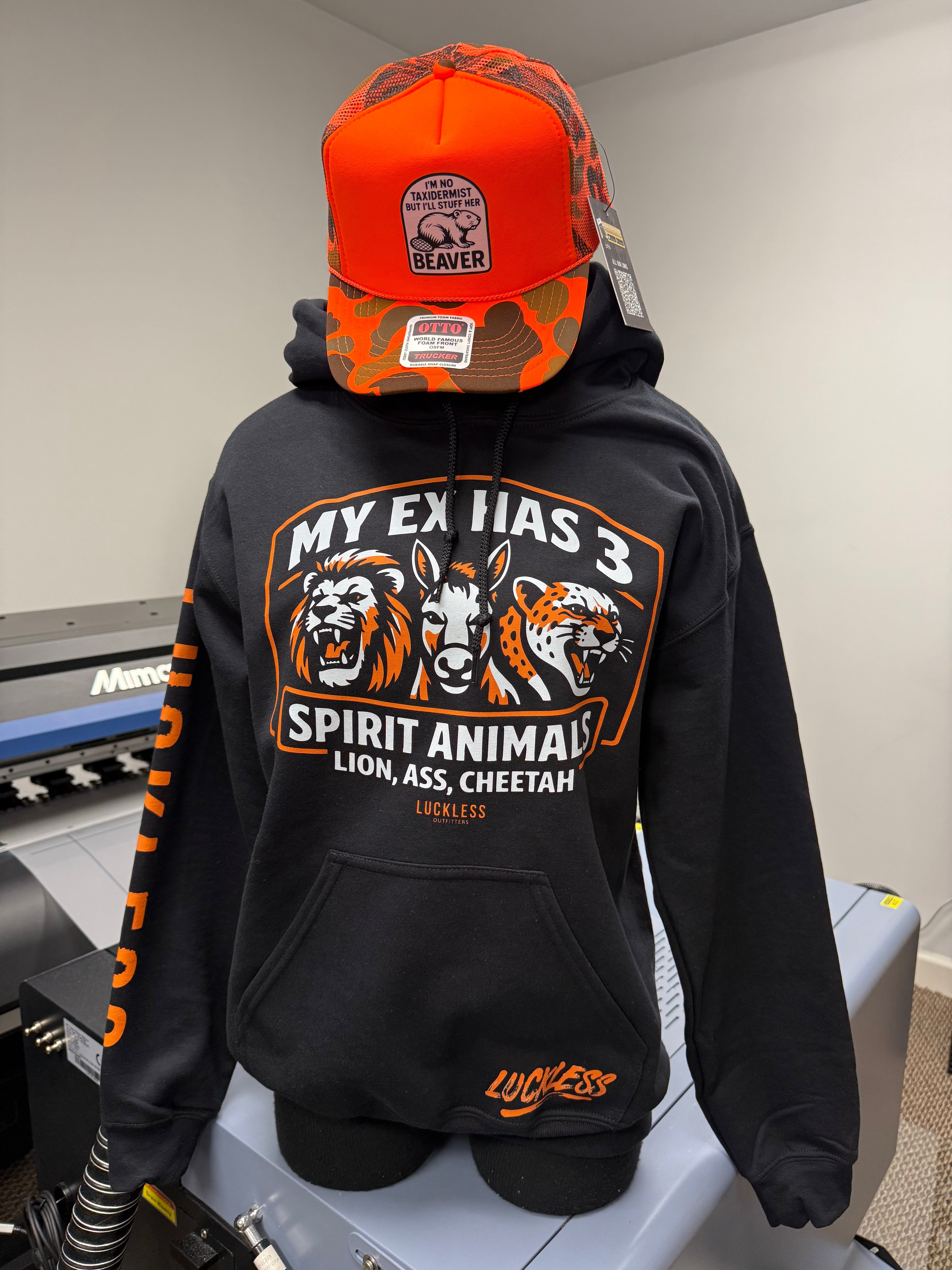 Luckless Outfitters My Ex Has 3 Spirit Animals Hoodie — detail close-up