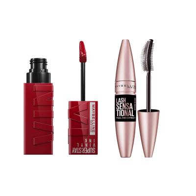 Maybelline: Lash Sensational Mascara & Super Stay Vinyl Ink Lipstick Set - Intense Black Lashes, Long-Lasting Red Lipstick, Makeup Gift Set