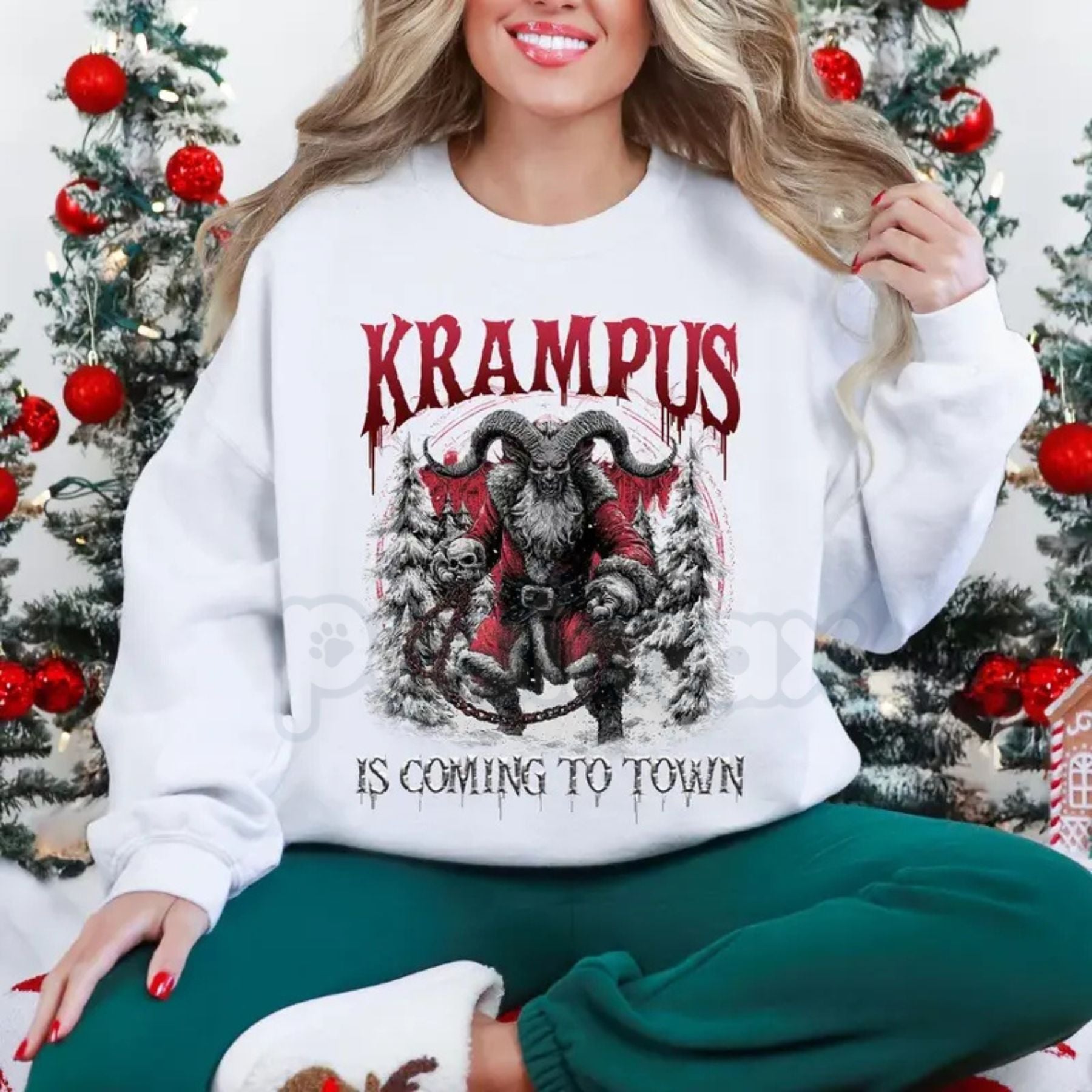 Pasimax Retro Krampus Ugly Sweater Crewneck | Vintage Krampus Is Coming Jumper | Funny 80s Spooky Christmas Shirt | Alternati