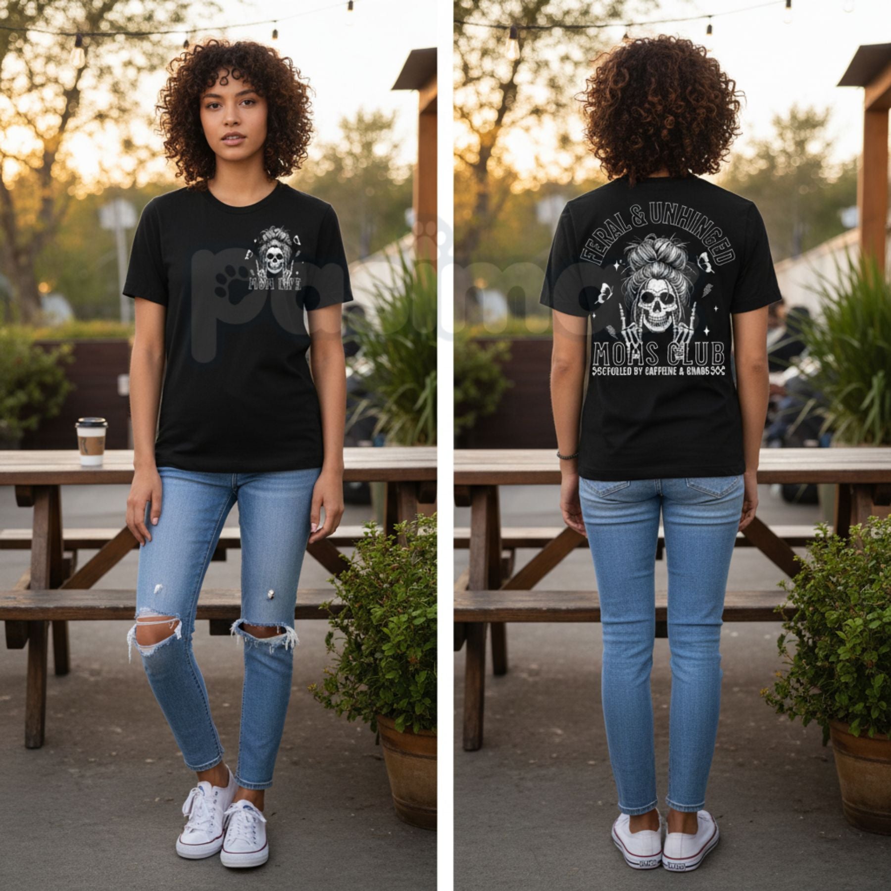 Pasimax Vintage Skeleton Coffee Mom T-Shirt - Feral and Unhinged Moms Club Grunge Tee, Premium 100% Cotton Gothic Motherhood 