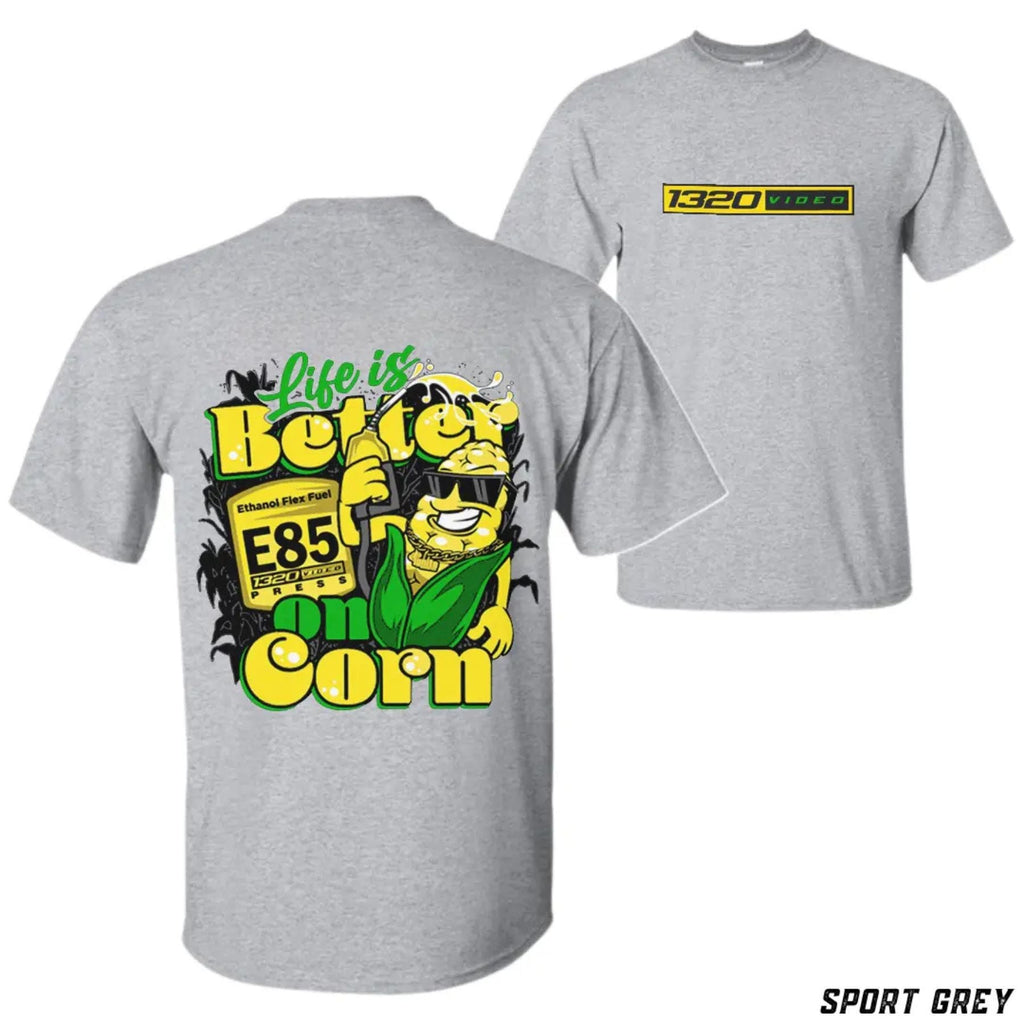 Pasimax 1320 Video "Corn Fuel" T-Shirt - Fun E85 Ethanol Graphic Tee, Street Racing Apparel — detail close-up