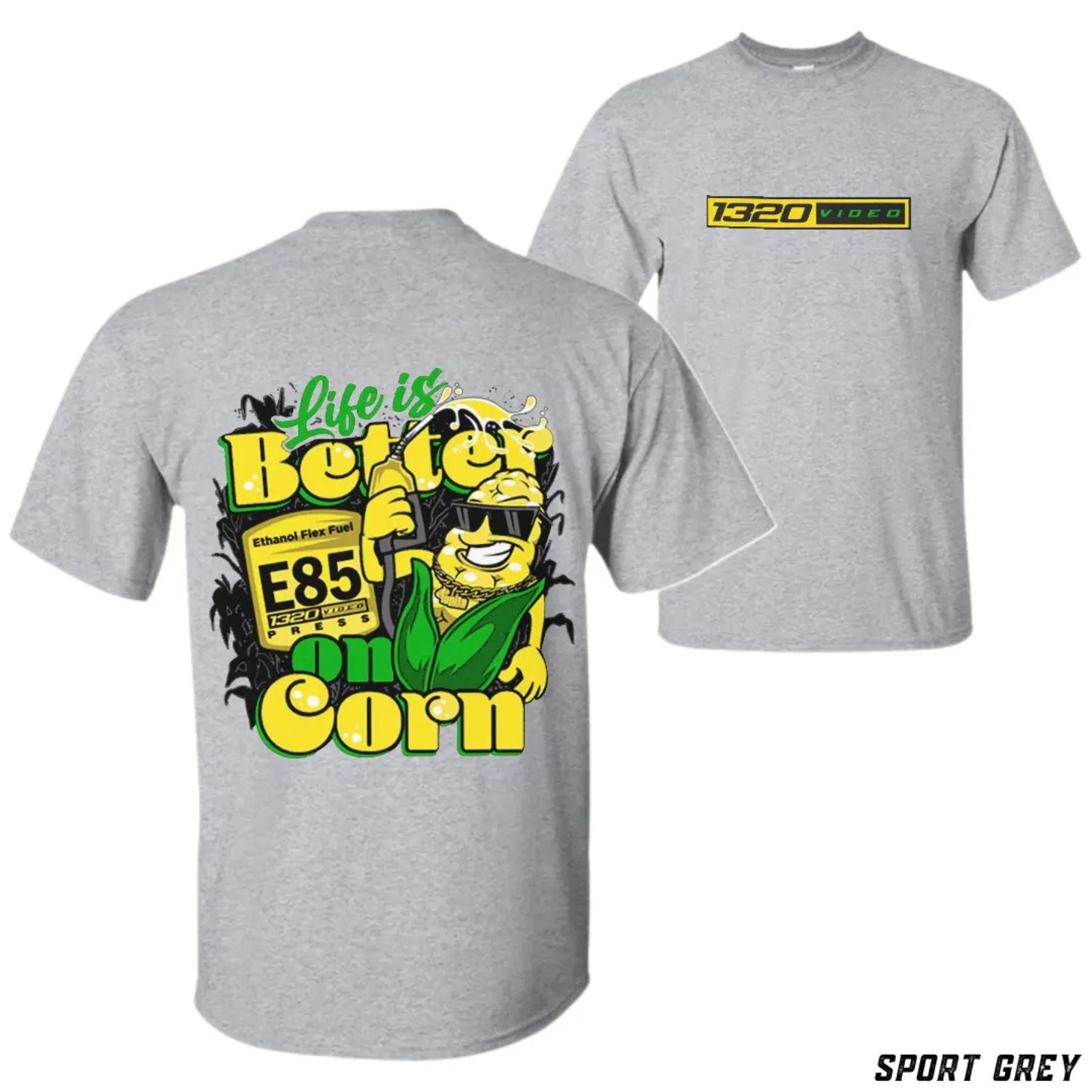 Pasimax 1320 Video "Corn Fuel" T-Shirt - Fun E85 Ethanol Graphic Tee, Street Racing Apparel — detail close-up