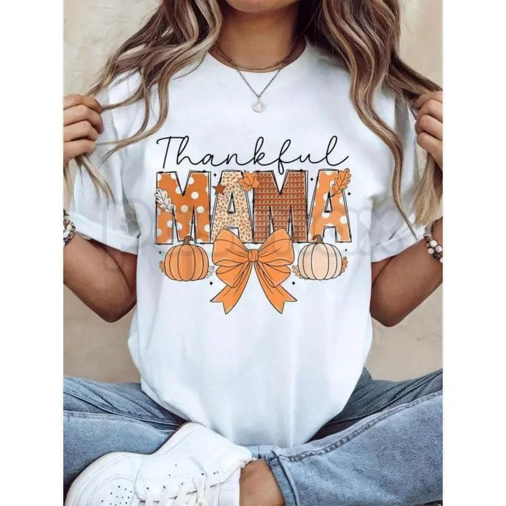 Pasimax Thankful Mama Coquette Thanksgiving T-Shirt - Pumpkin Spice Fall Graphic Tee, Trendy Women's Holiday Shirt, Coquette 