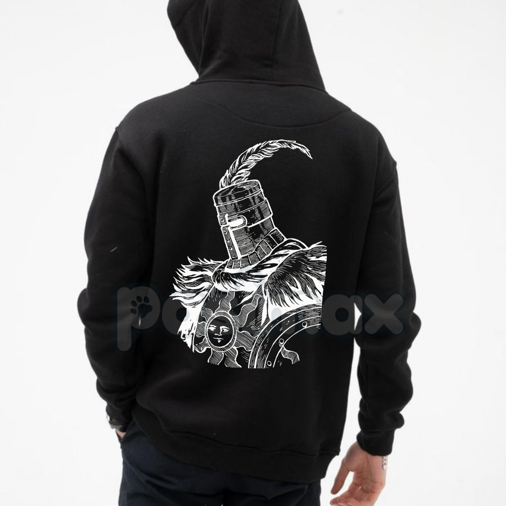 Pasimax Solaire's Legacy Hoodie – Praise The Sun Dark Souls Tribute, Warrior of Sunlight Estus Pullover, Unisex — detail clos