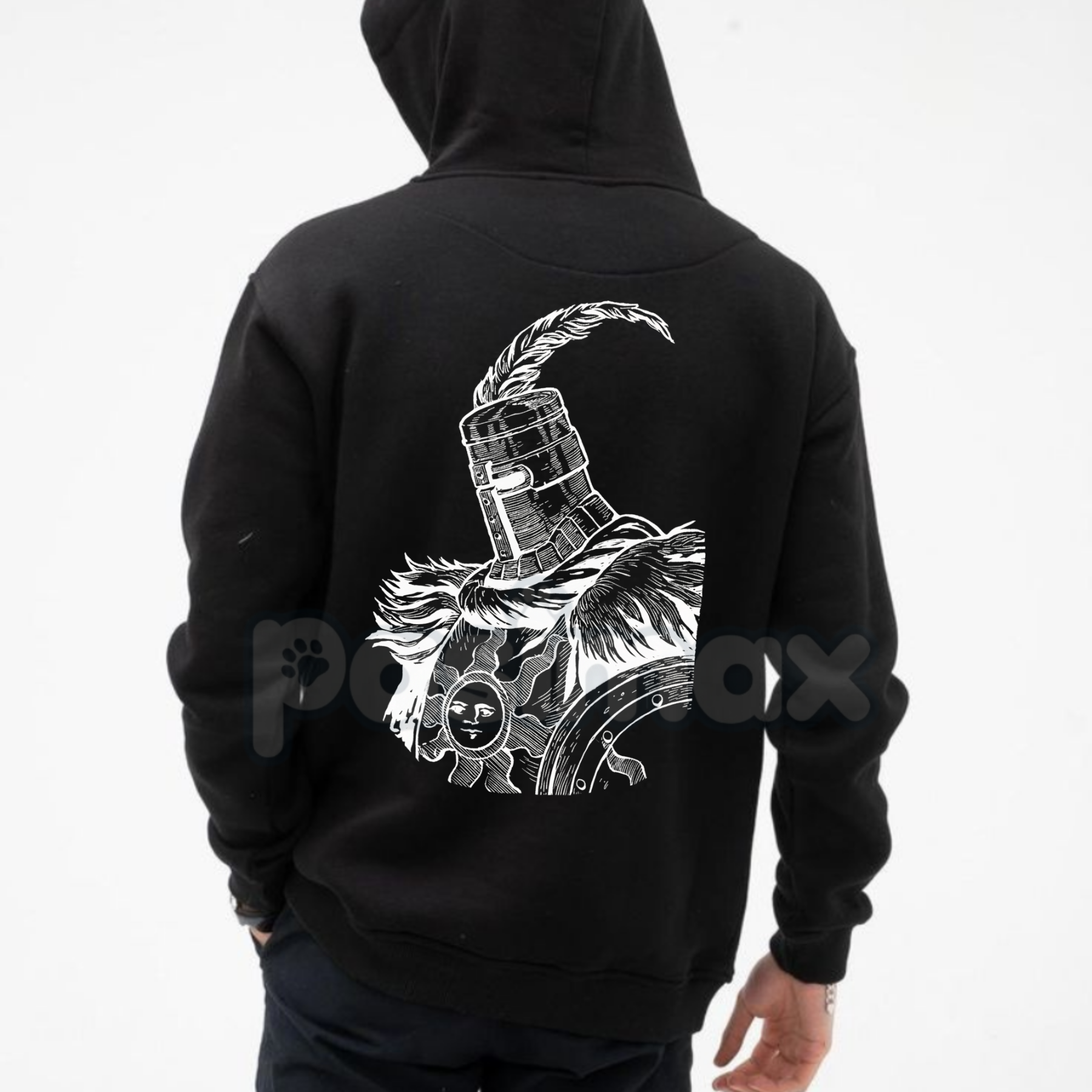 Pasimax Solaire's Legacy Hoodie – Praise The Sun Dark Souls Tribute, Warrior of Sunlight Estus Pullover, Unisex — detail clos