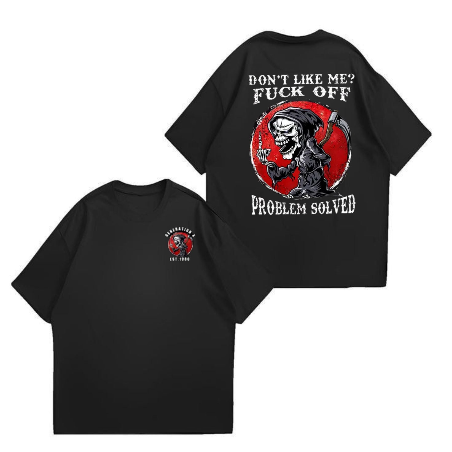 Pasimax Don’t Like Me F*ck Off Problem Solved T-Shirt — detail close-up