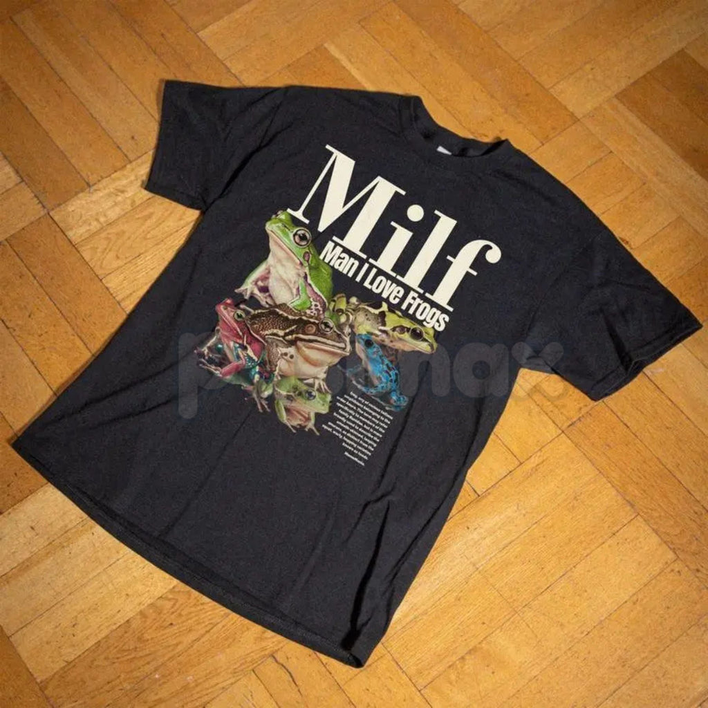 Pasimax "M.I.L.F. Man I Love Frogs" Funny T-Shirt — detail close-up