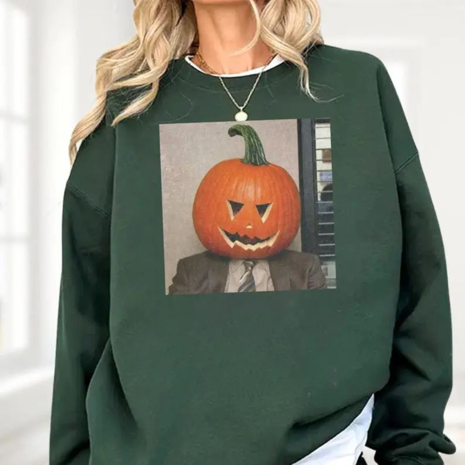 Pasimax Dwight Pumpkin Head Sweatshirt – The Office Halloween Merch — detail close-up