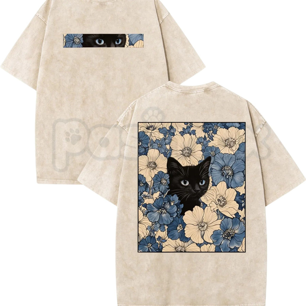 Cat in the Flowers Double-Sided T-Shirt – Retro Washed Botanical Kitten Graphic Tee, Vintage Aesthetic Lightweight Cotton Cat Mom Top