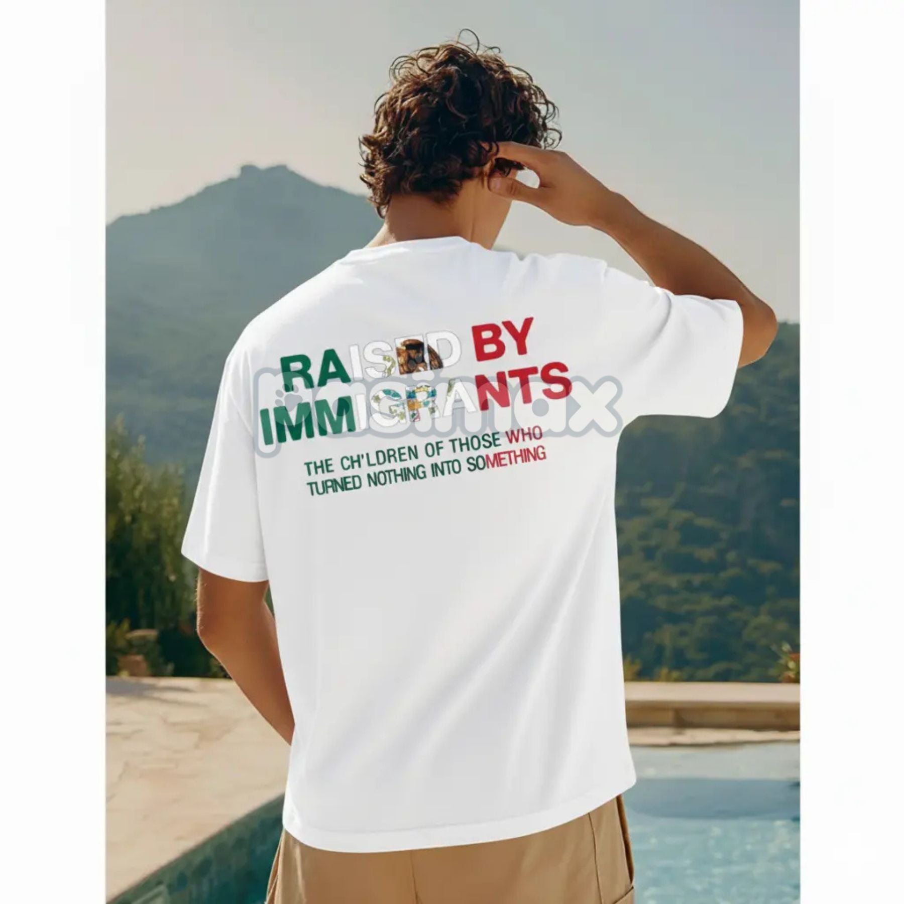 Pasimax "Raised By Immigrants" Cultural Pride Tee — detail close-up