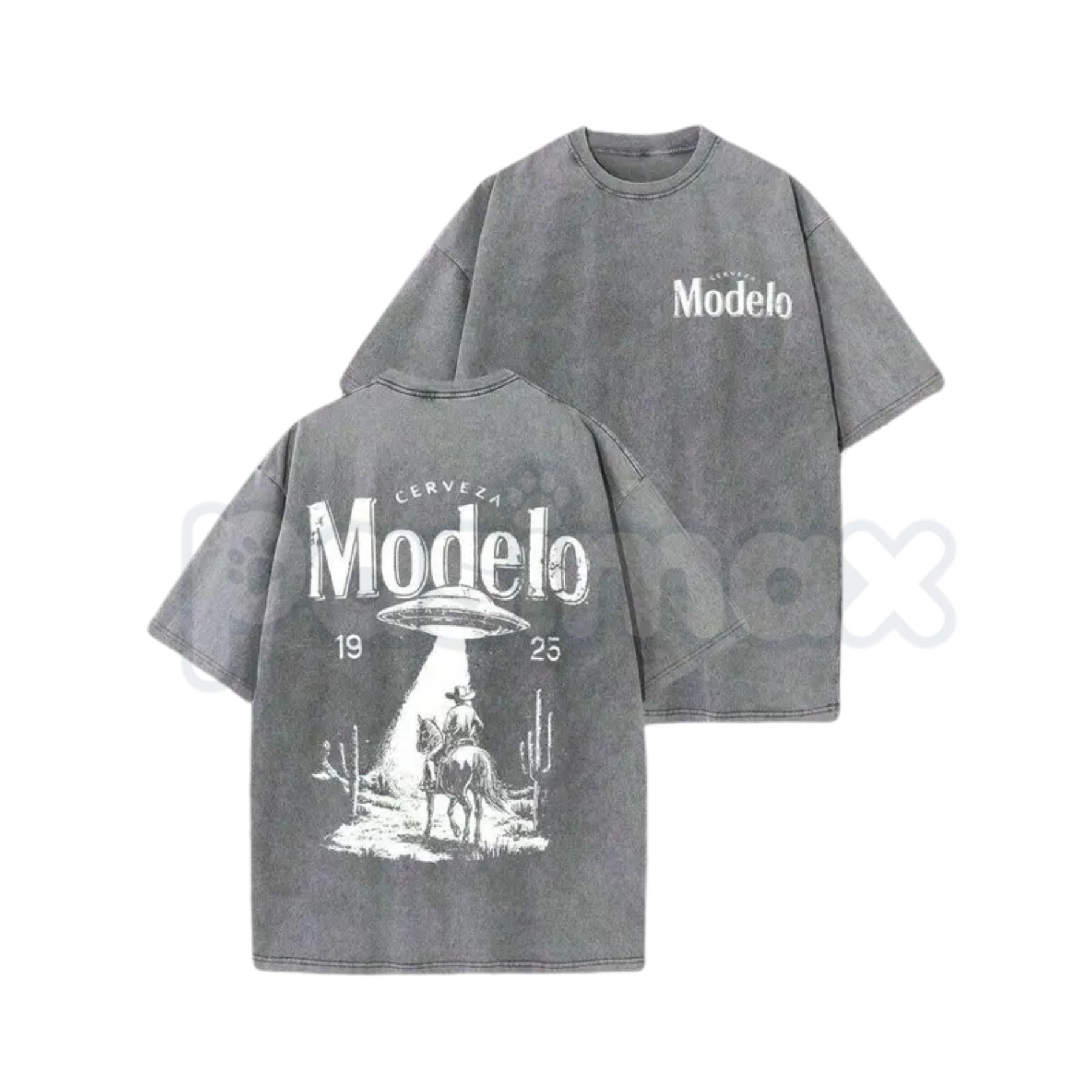 Modelo UFO Cowboy Graphic T-Shirt – Vintage Washed Alien Western Tee, Lightweight Retro Cotton Beer Streetwear