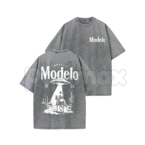 Modelo UFO Cowboy Graphic T-Shirt – Vintage Washed Alien Western Tee, Lightweight Retro Cotton Beer Streetwear