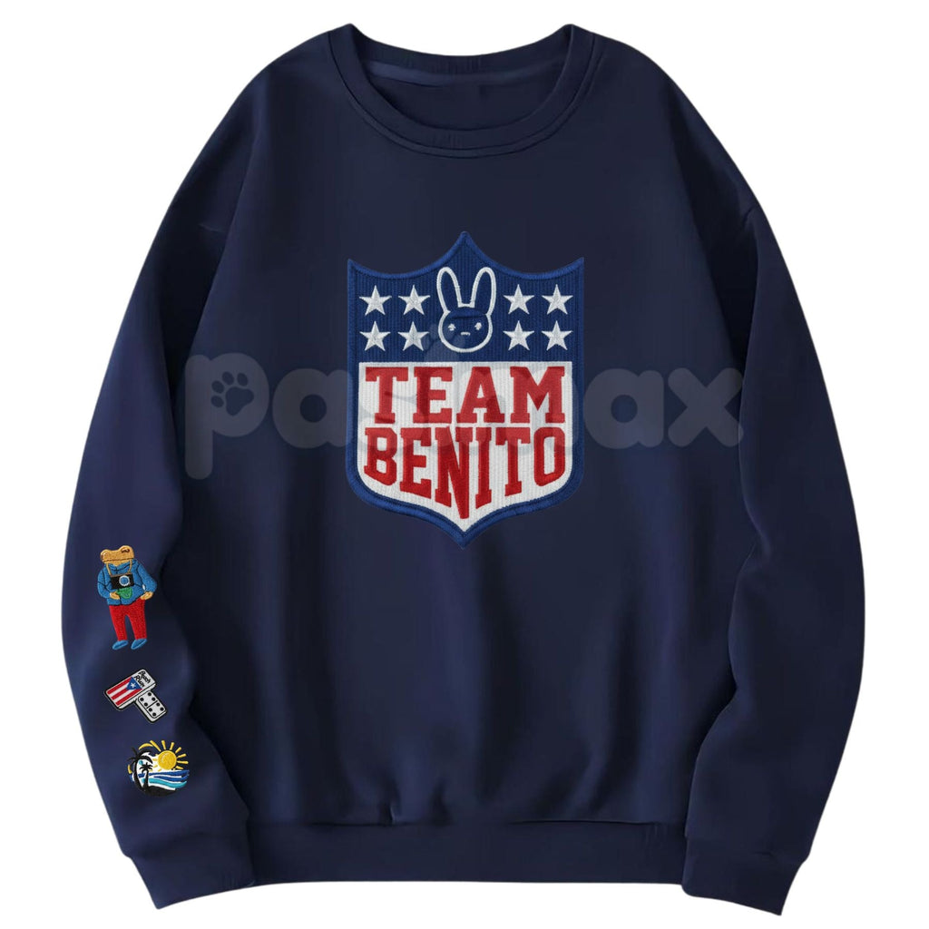 Pasimax "Here For The Benito" Embroidered Sweatshirt – Bad Bunny Fan Crewneck — detail close-up