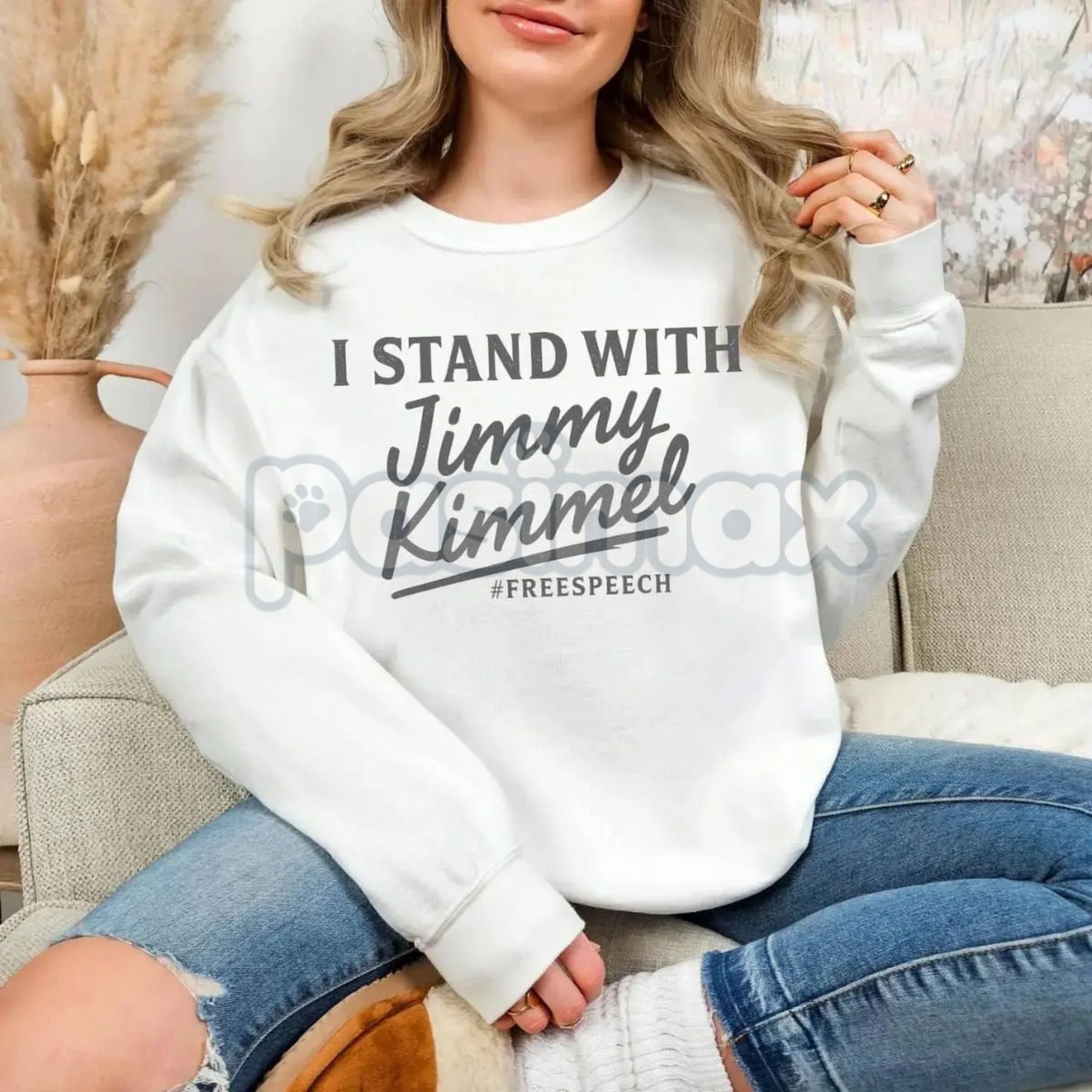 Pasimax I Stand With Jimmy Kimmel Free Speech Sweatshirt — detail close-up