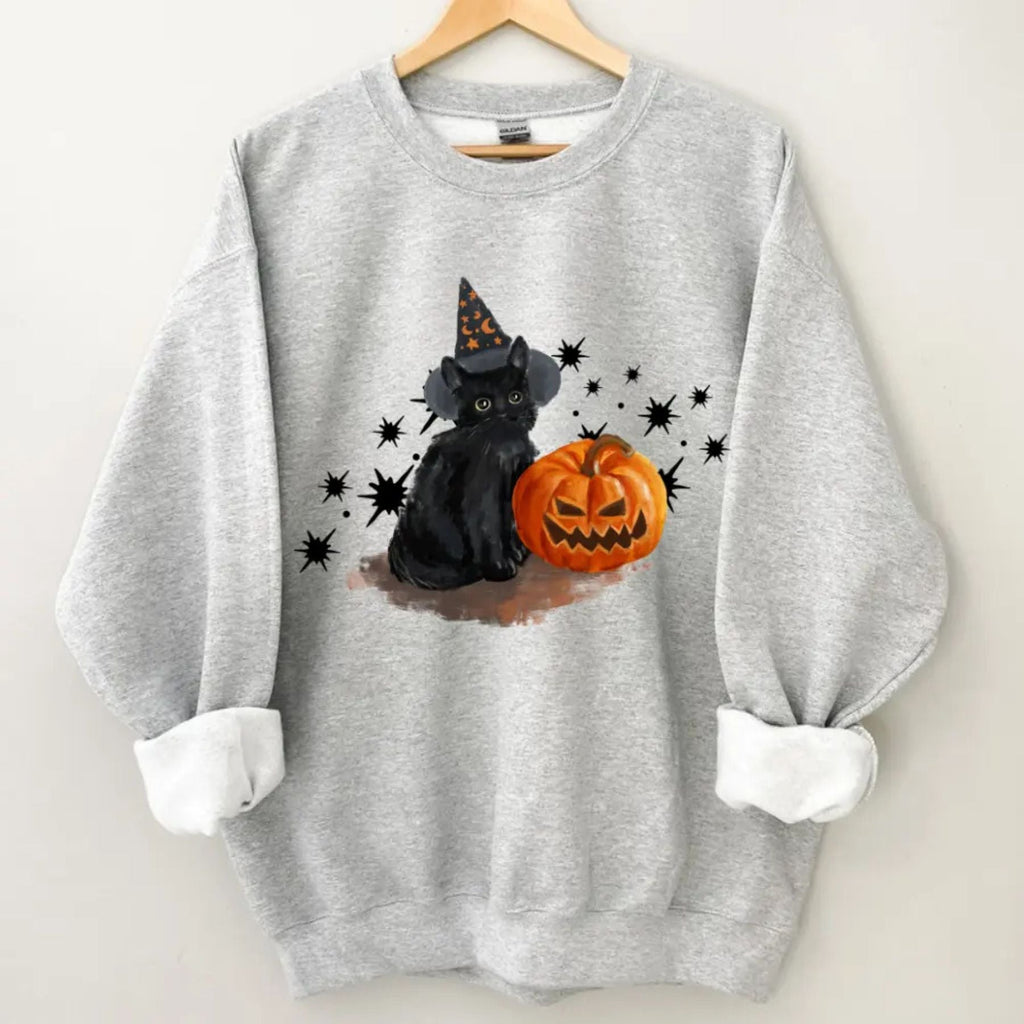 Pasimax Spooky Cat Crewneck – Vintage Wash Halloween Cat Sweatshirt — detail close-up