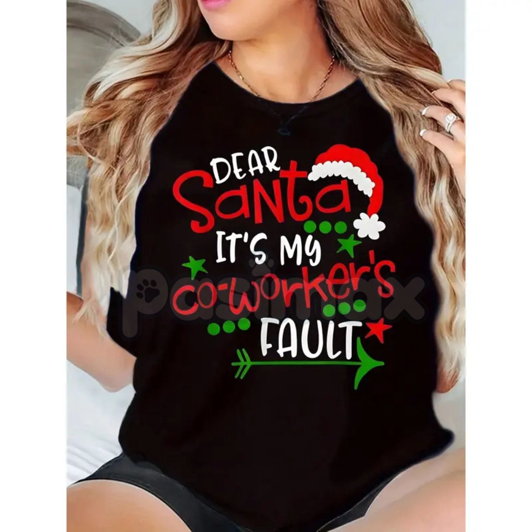 Pasimax "Dear Santa It's My Coworker's Fault" T-Shirt - Funny Office Christmas Gift Women Plus Size, Santa Hat Print Holiday 