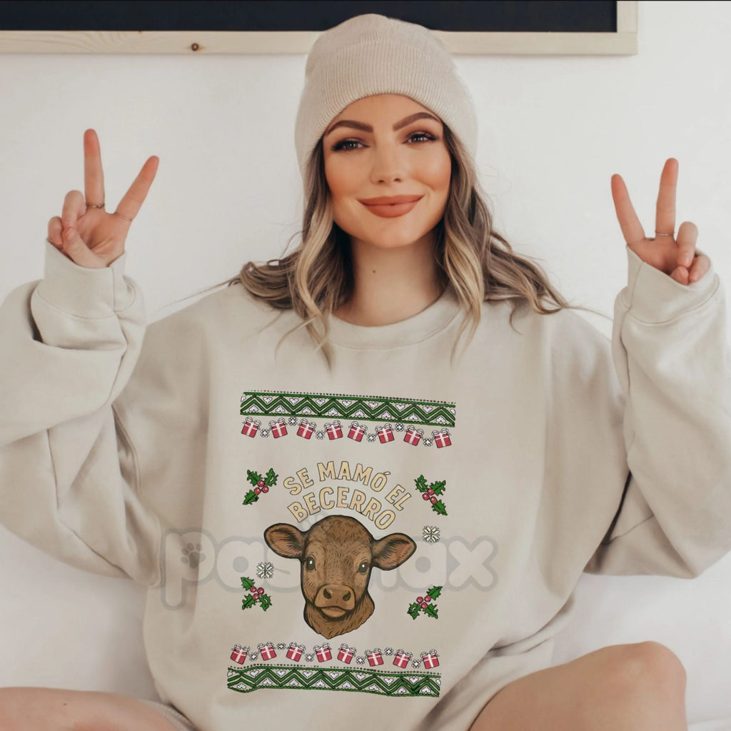 Pasimax "Se Mamó El Becerro" Sweatshirt | Funny Mexican Spanish Idiom Crewneck | Norteño Music Fan Gift — detail close-up