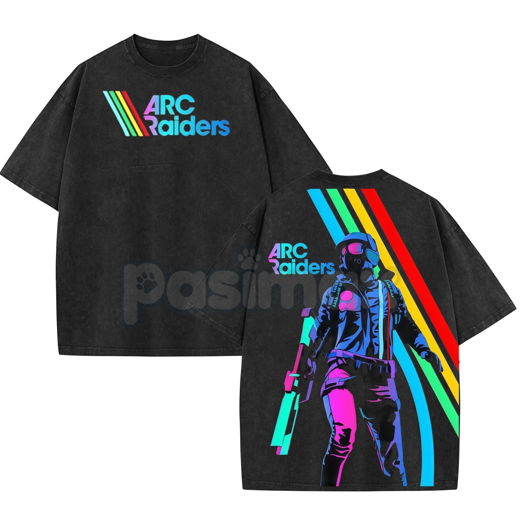 Pasimax ARC Raiders Retro Synthwave Graphic Tee – Vintage Washed Oversize Sci-Fi Gaming Shirt — detail close-up