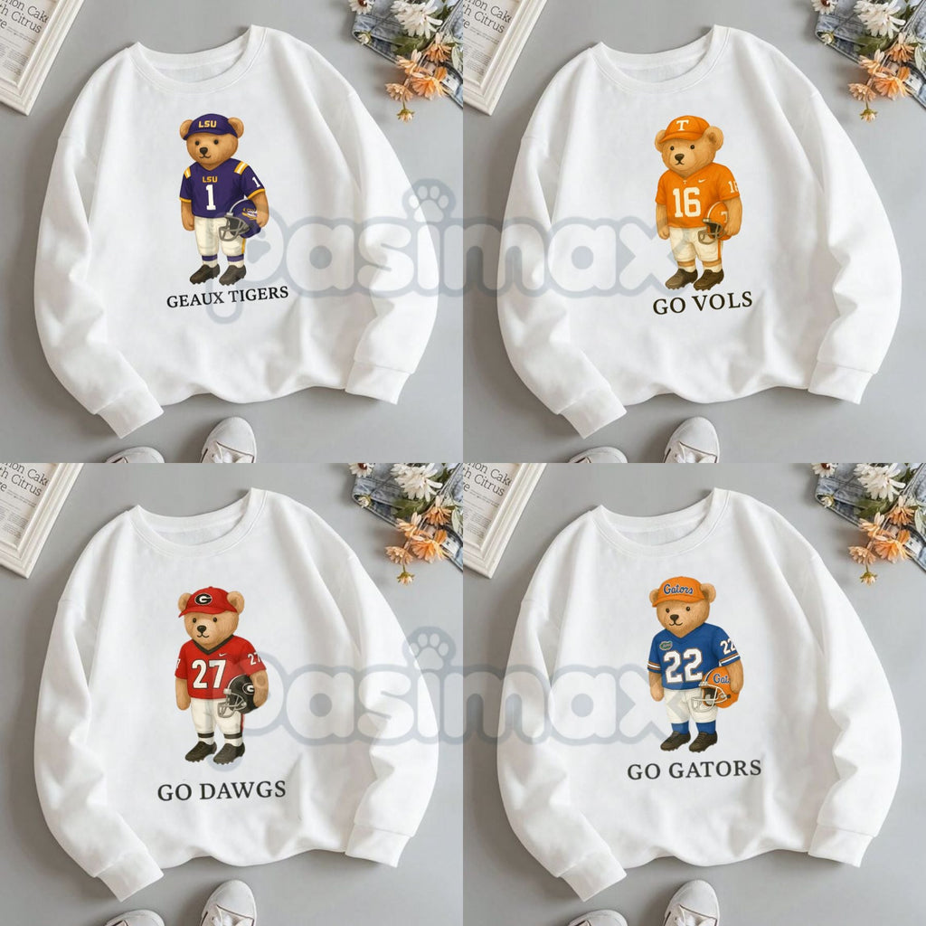 Pasimax All Team College Football Teddy Bear Sweatshirt – Retro Mascot Graphic Crewneck — detail close-up