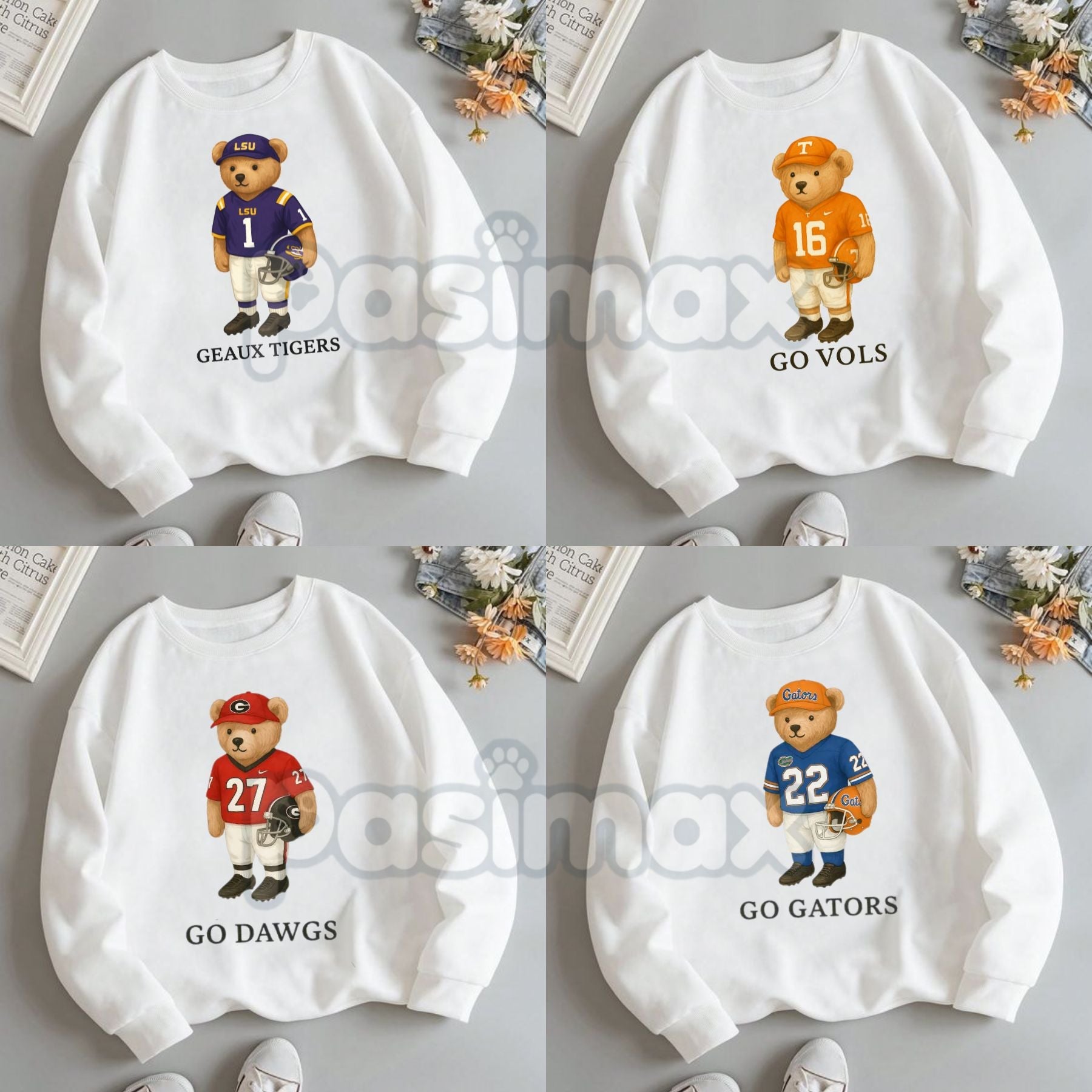 Pasimax All Team College Football Teddy Bear Sweatshirt – Retro Mascot Graphic Crewneck — detail close-up